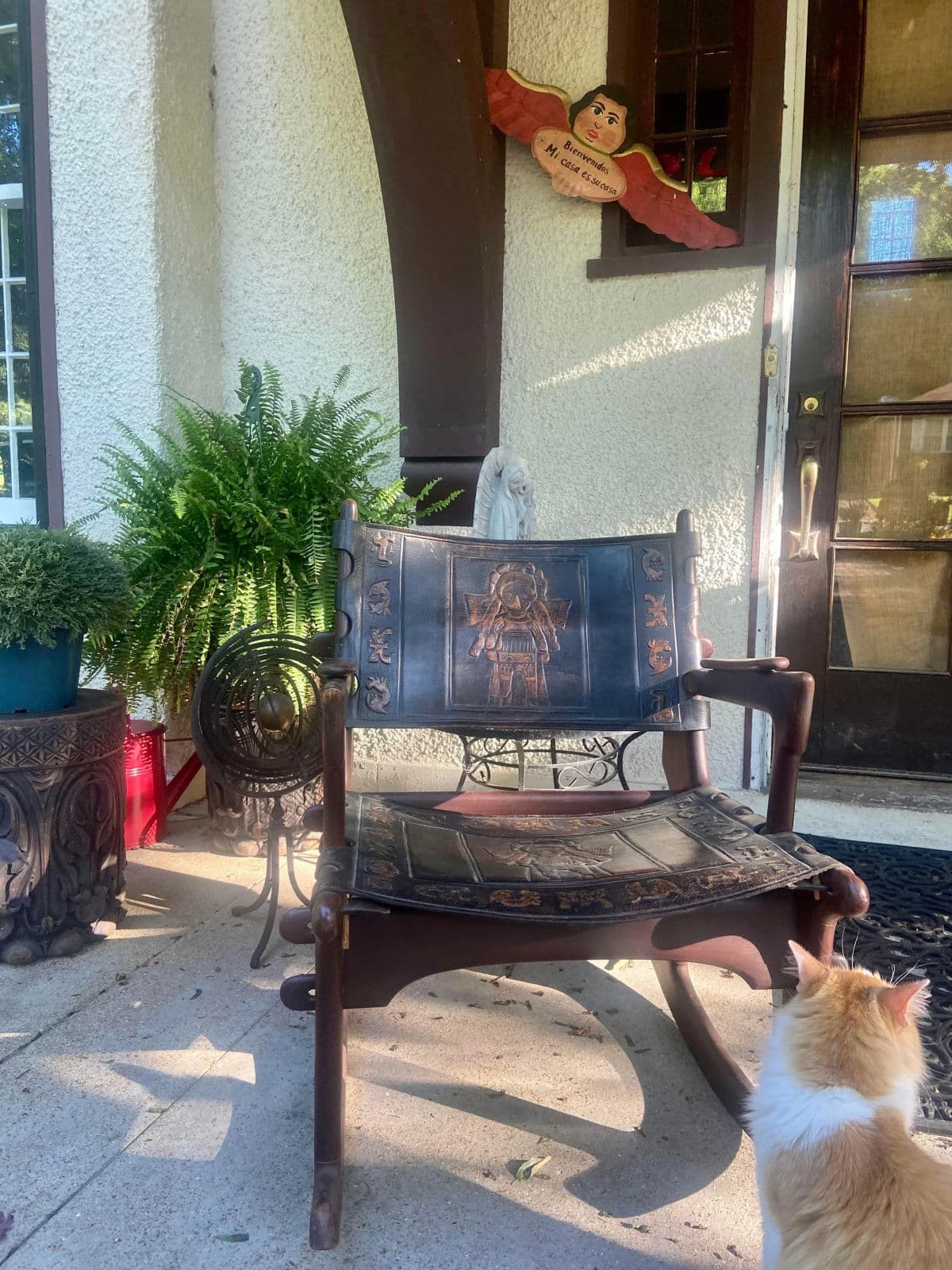 Angel Pazmino Tooled Leather Rocking Chair Handmade in Ecuador - Vintage Mid 20th Century - Thumbnail 7