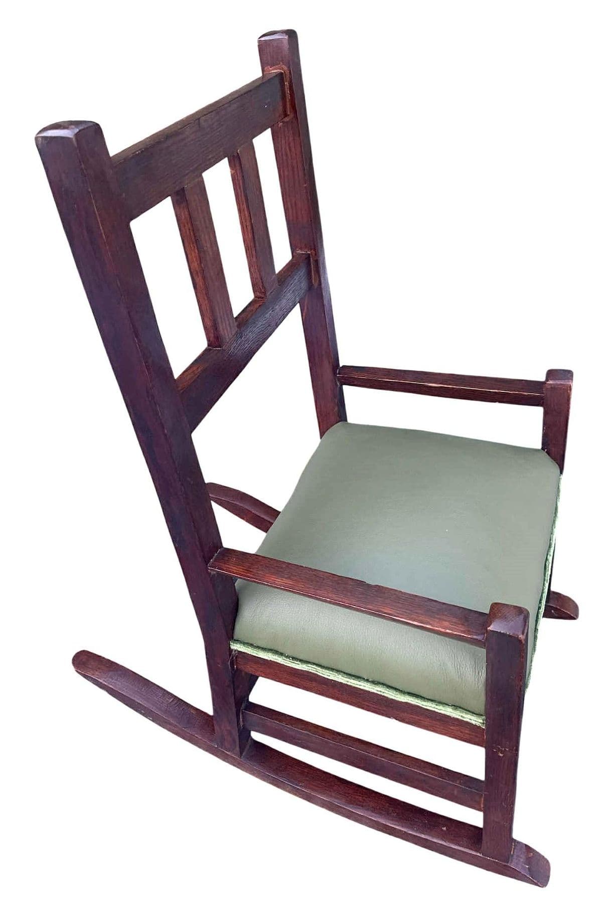 Antique Stickley Attributed Small Quarter Sawn Oak Rocking Chair With New Leather Seat Upholstery - Circa 1905 - Thumbnail 4