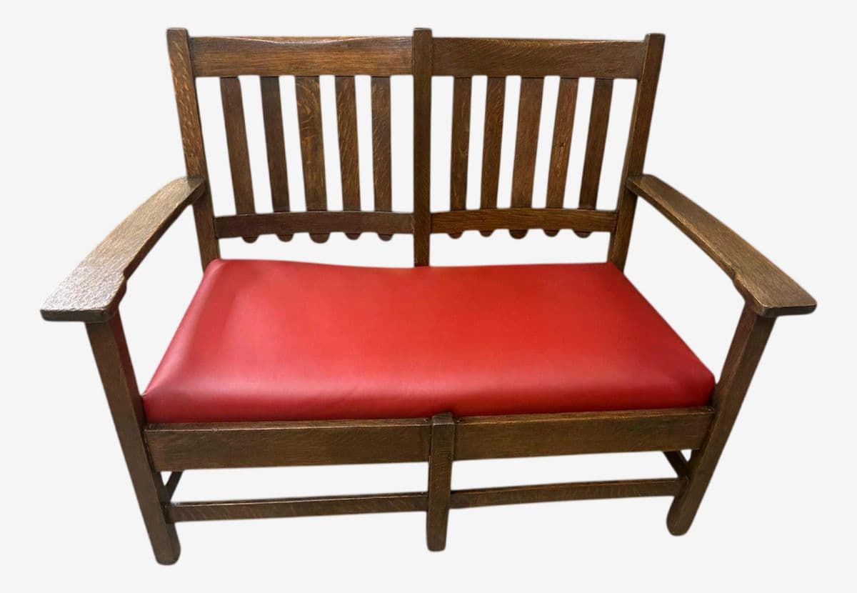 Stickley Brothers Grand Rapids Antique Settle Model #3887 - Quarter Sawn Oak and New Red Leather Seat - Circa 1910 - Image 1