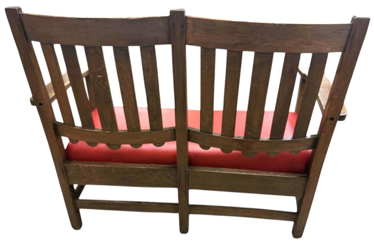 Stickley Brothers Grand Rapids Antique Settle Model #3887 - Quarter Sawn Oak and New Red Leather Seat - Circa 1910 - Thumbnail 5