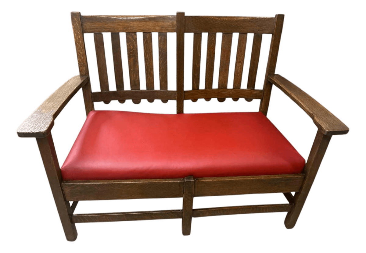 Stickley Brothers Grand Rapids Antique Settle Model #3887 - Quarter Sawn Oak and New Red Leather Seat - Circa 1910 - Thumbnail 2