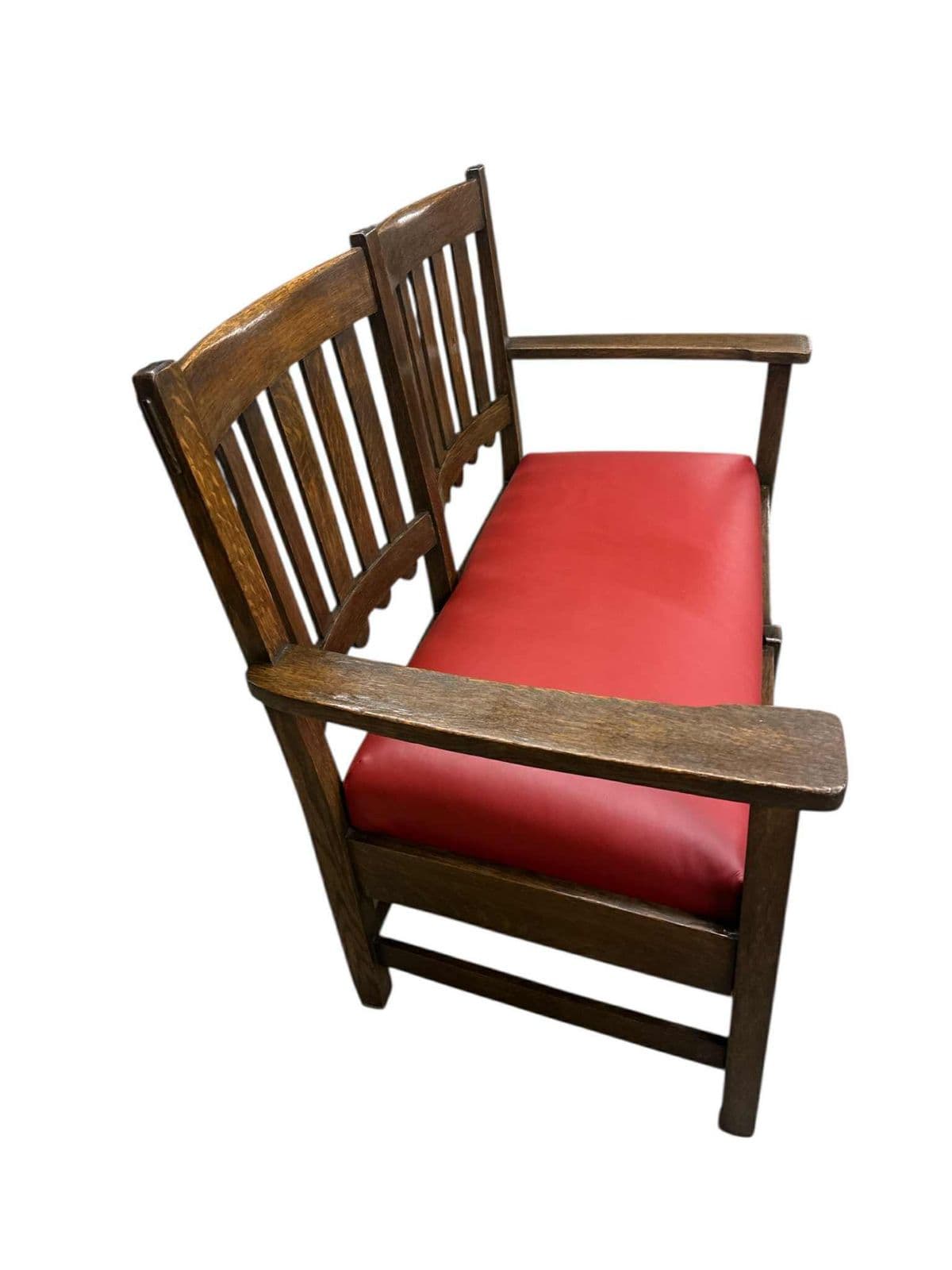 Stickley Brothers Grand Rapids Antique Settle Model #3887 - Quarter Sawn Oak and New Red Leather Seat - Circa 1910 - Thumbnail 4