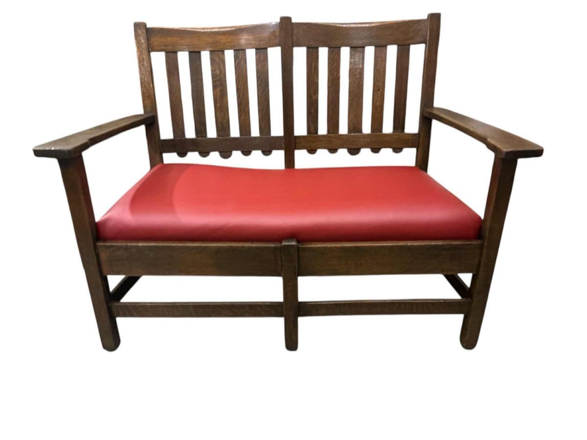 Stickley Brothers Grand Rapids Antique Settle Model #3887 - Quarter Sawn Oak and New Red Leather Seat - Circa 1910 - Thumbnail 7