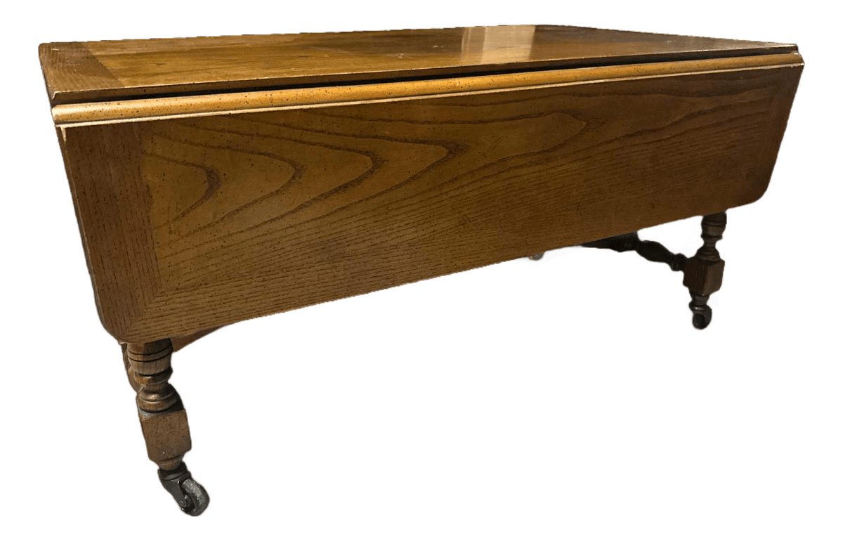 Late 20th Century Baker Furniture Vintage William & Mary Oak Drop Leaf 18” H Coffee Table Adjustable as 29” H Side Table - Thumbnail 2