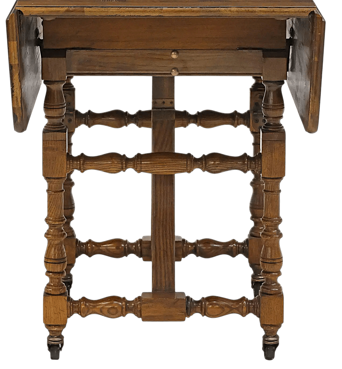 Late 20th Century Baker Furniture Vintage William & Mary Oak Drop Leaf 18” H Coffee Table Adjustable as 29” H Side Table - Thumbnail 3