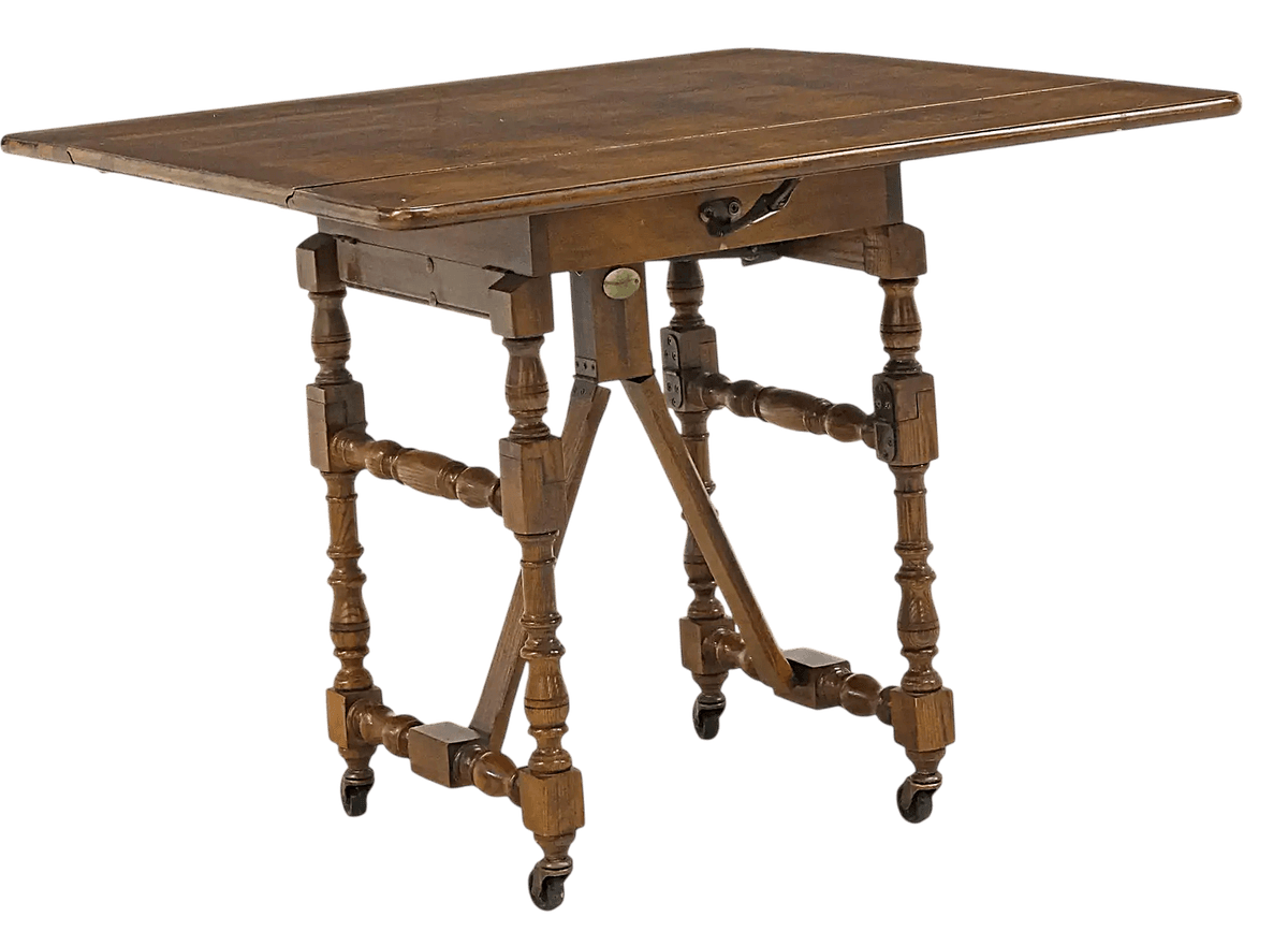 Late 20th Century Baker Furniture Vintage William & Mary Oak Drop Leaf 18” H Coffee Table Adjustable as 29” H Side Table - Thumbnail 6