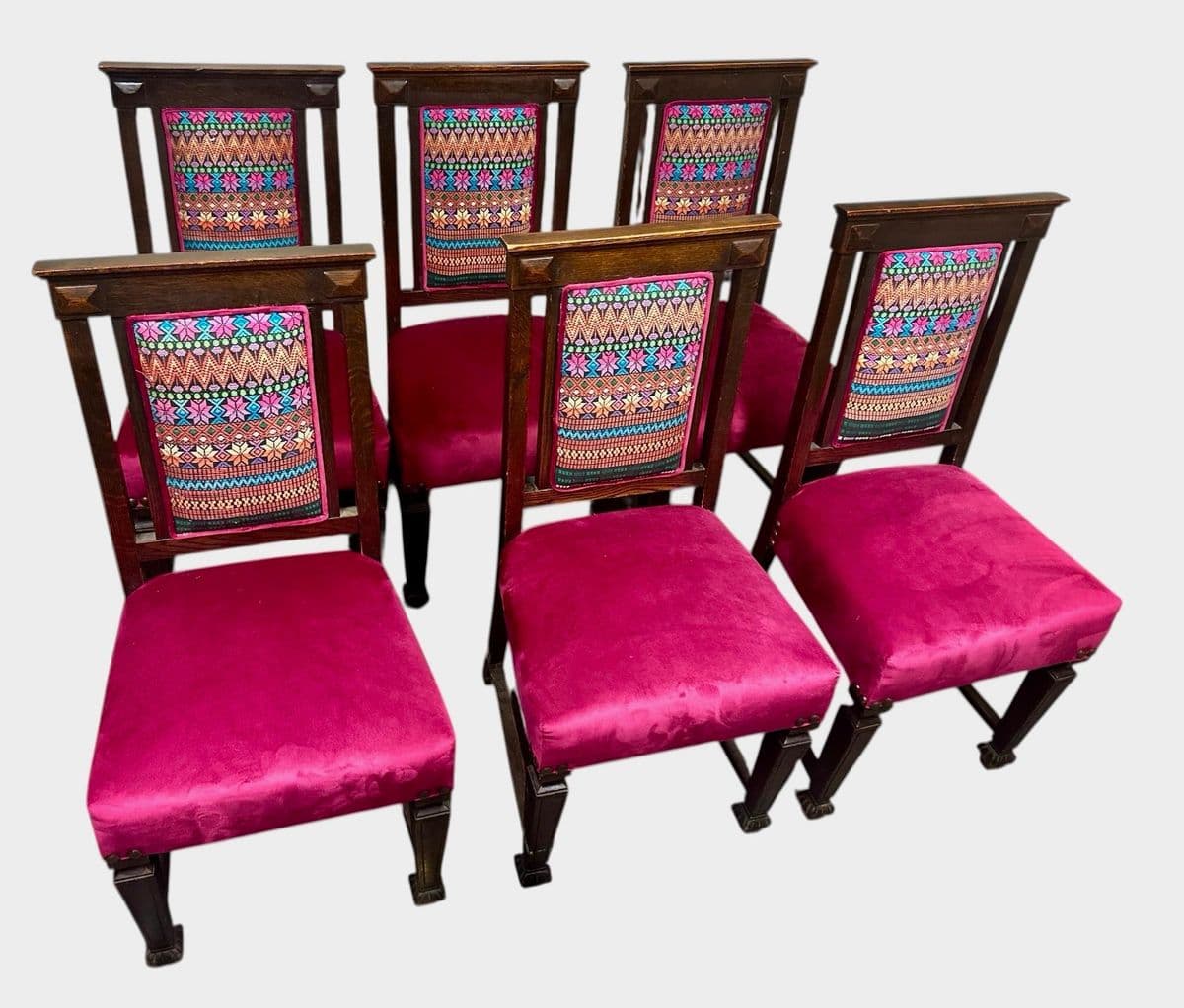 Early 20th Century Edwardian English Oak Dining Chairs With Vivid Mexican Embroidery Upholstery - Set of 6 - Thumbnail 8
