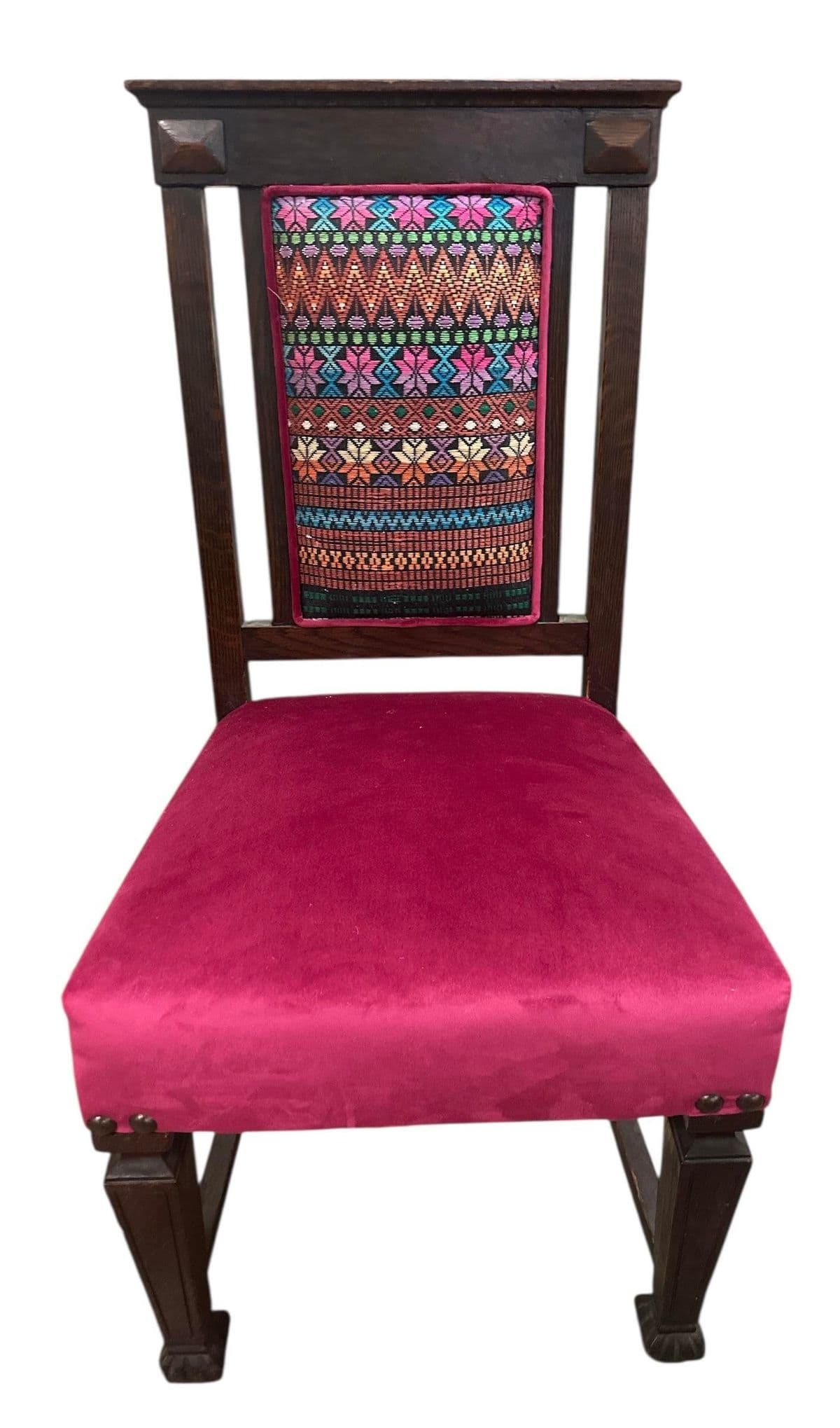 Early 20th Century Edwardian English Oak Dining Chairs With Vivid Mexican Embroidery Upholstery - Set of 6 - Thumbnail 4