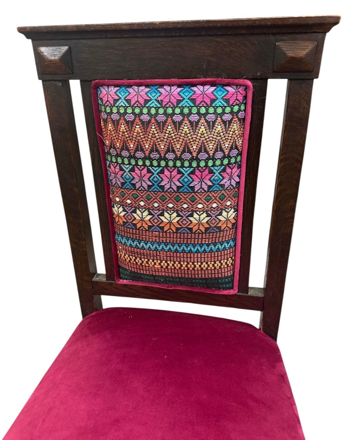 Early 20th Century Edwardian English Oak Dining Chairs With Vivid Mexican Embroidery Upholstery - Set of 6 - Thumbnail 3