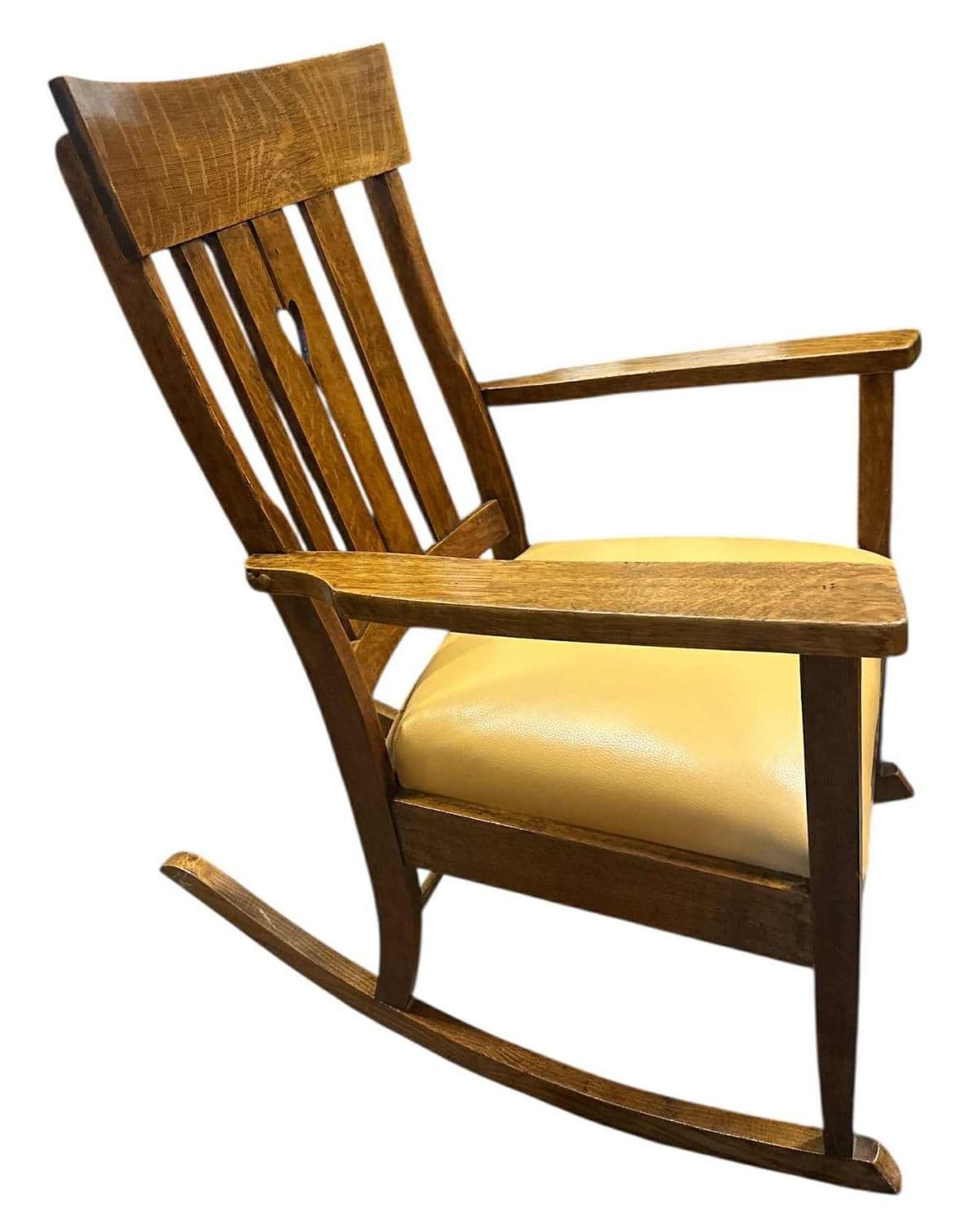 Antique Arts and Crafts Quarter Sawn Oak Rocking Chair With Heart Cutout and New Mustard Leather Seat - Circa 1905 - Thumbnail 4