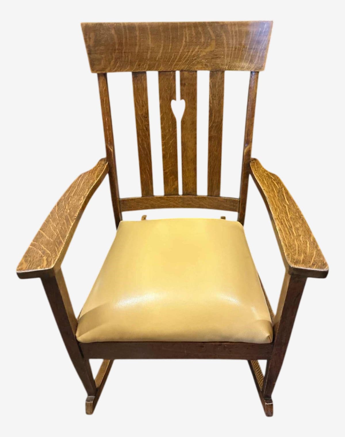 Antique Arts and Crafts Quarter Sawn Oak Rocking Chair With Heart Cutout and New Mustard Leather Seat - Circa 1905 - Image 1