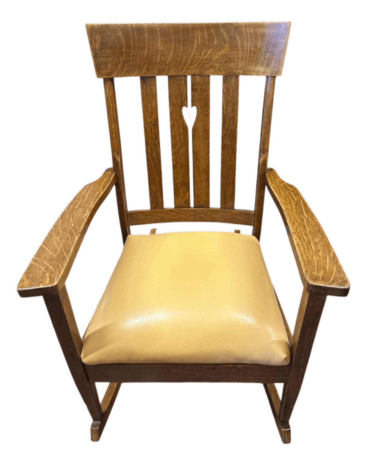 Antique Arts and Crafts Quarter Sawn Oak Rocking Chair With Heart Cutout and New Mustard Leather Seat - Circa 1905 - Thumbnail 2