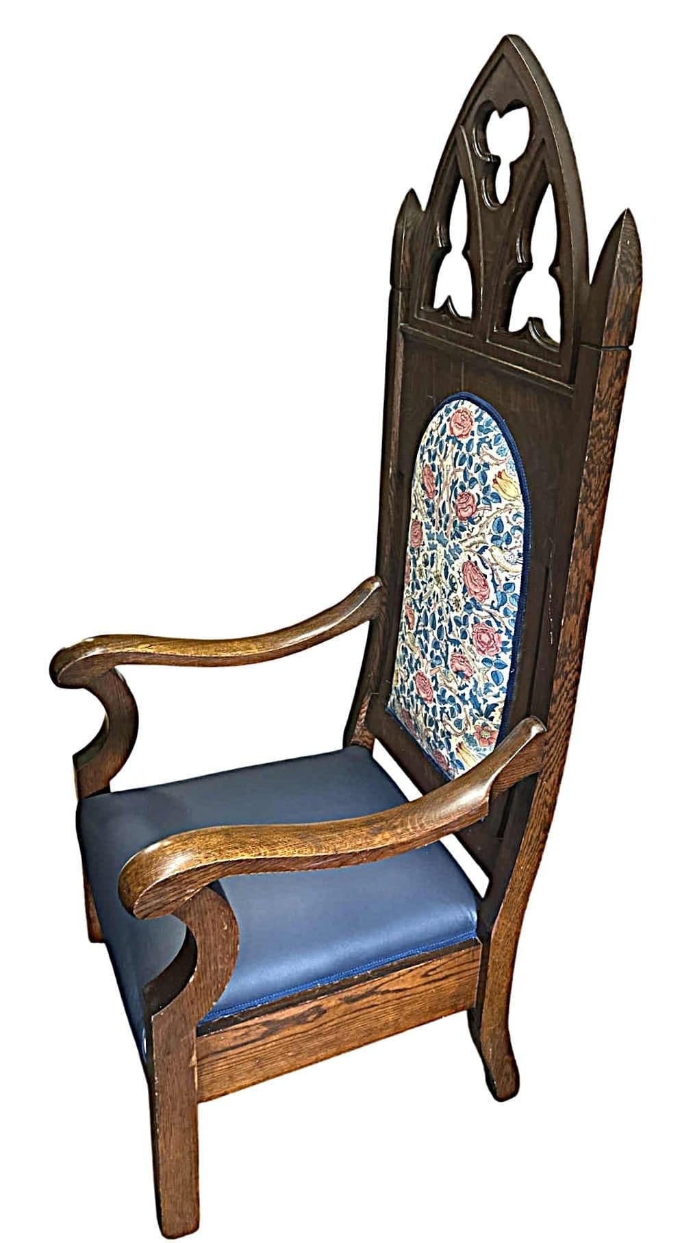 19th Century English Oak Bishop’s Throne Reupholstered With Leather and William Morris ‘Rose’ Linen - Thumbnail 4