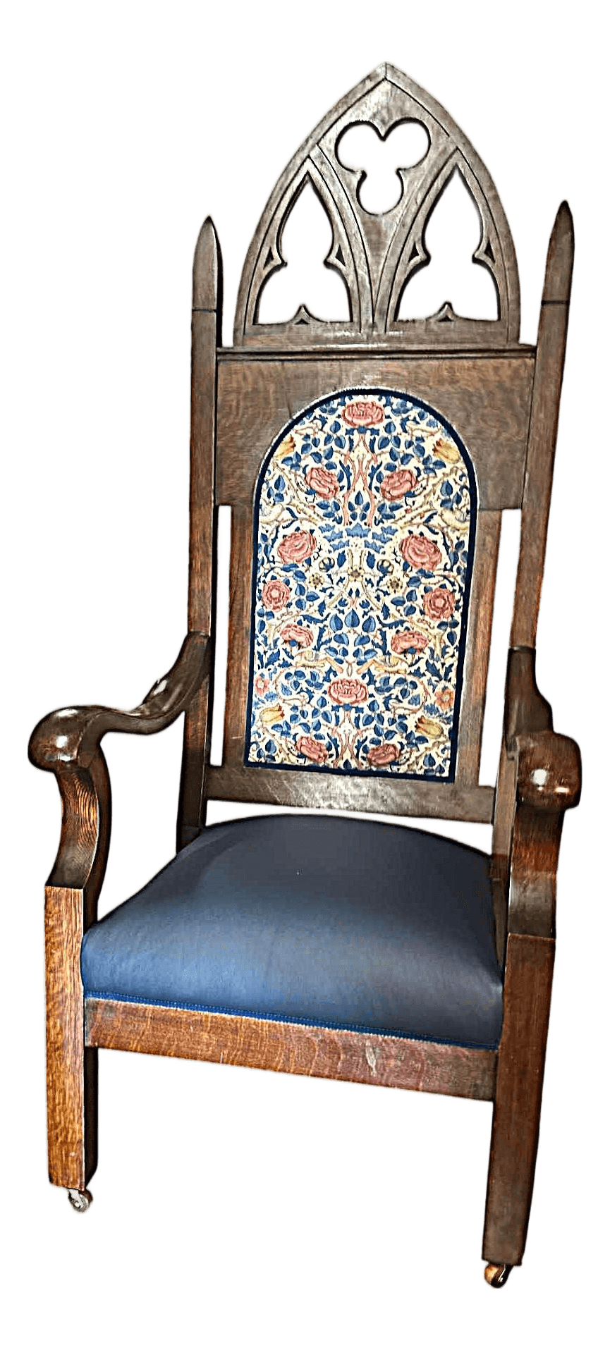 19th Century English Oak Bishop’s Throne Reupholstered With Leather and William Morris ‘Rose’ Linen - Thumbnail 2