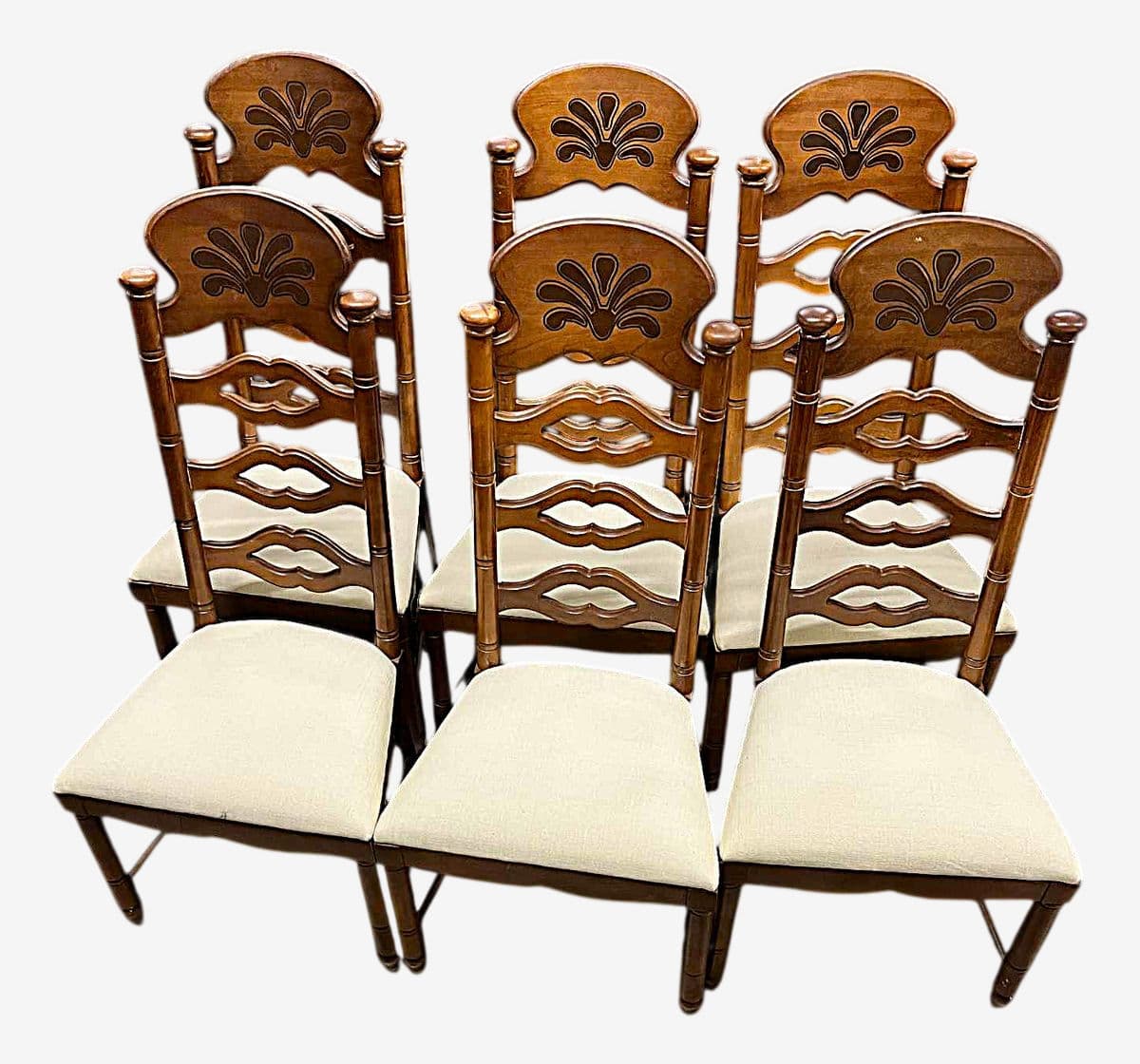 Vintage Drexel Attributed Spanish Revival Maple Wood Ladderback Dining Chairs With New Seat Upholstery - Set of 6 - Image 1