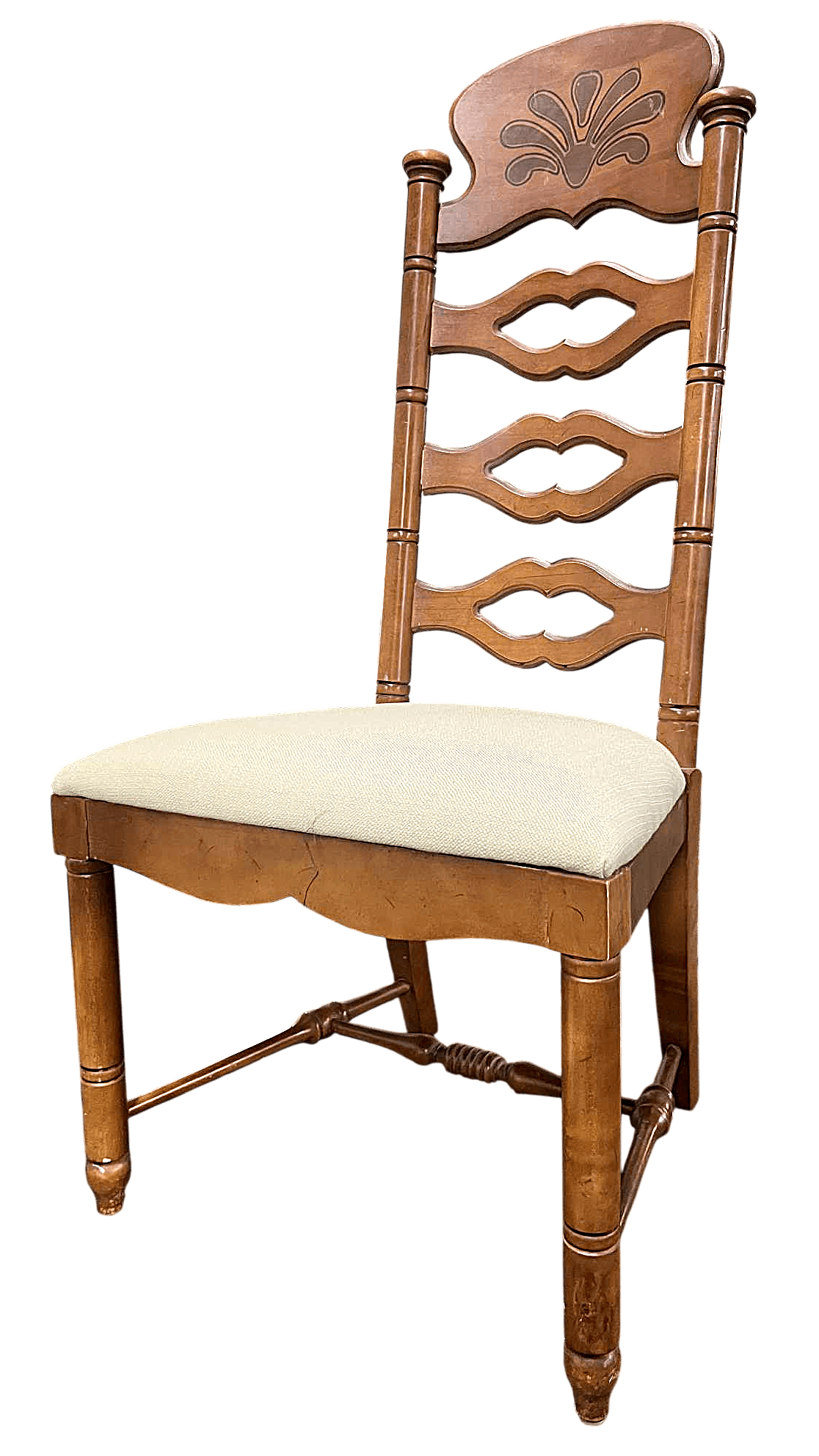 Vintage Drexel Attributed Spanish Revival Maple Wood Ladderback Dining Chairs With New Seat Upholstery - Set of 6 - Thumbnail 3
