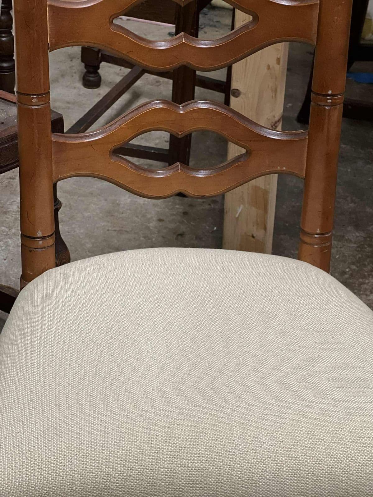 Vintage Drexel Attributed Spanish Revival Maple Wood Ladderback Dining Chairs With New Seat Upholstery - Set of 6 - Thumbnail 6