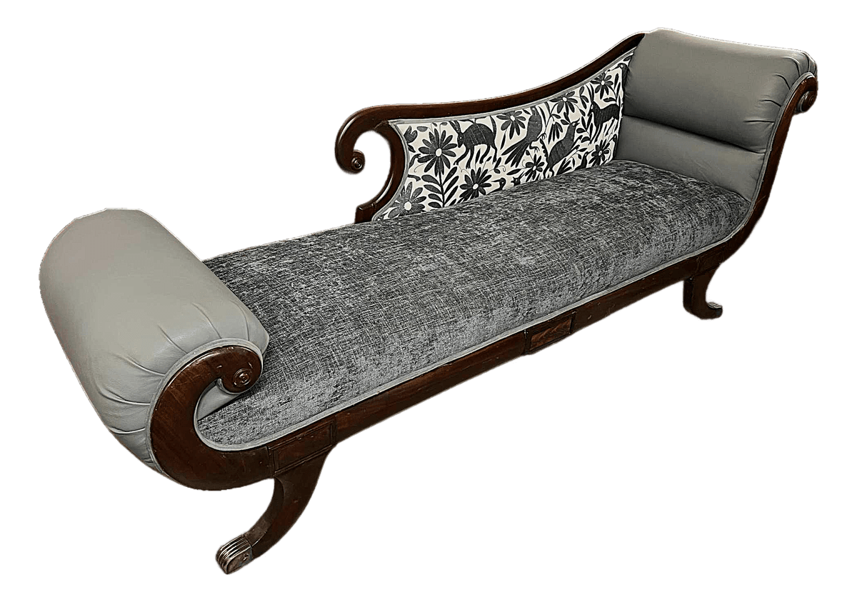 ‘Empress Carlota’ Mahogany Empire Chaise - Circa 1860s - Reupholstered With New Otomi Hand Embroidery and Leather - Thumbnail 2