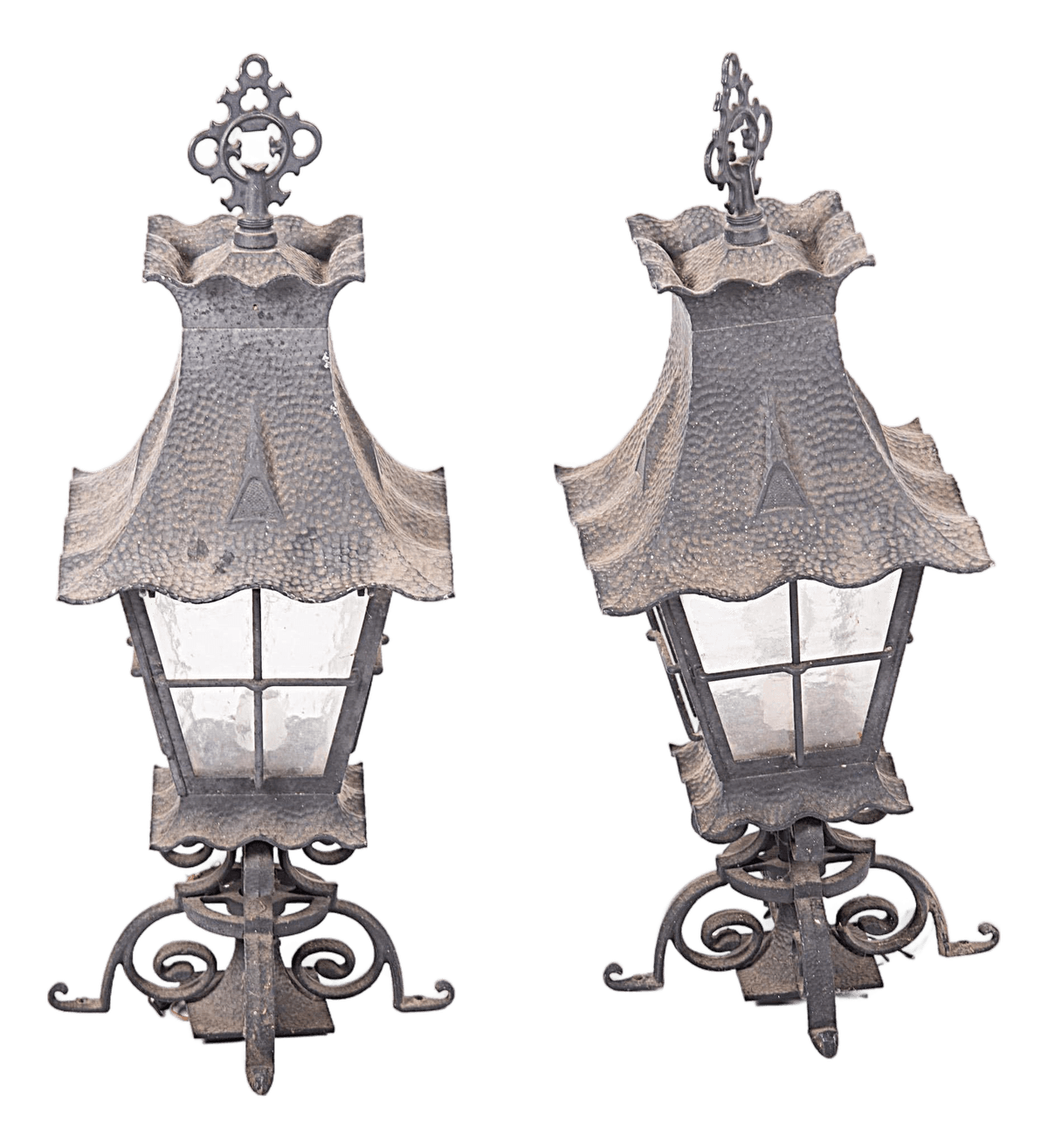 Pair of Spanish Revival Hammered Metal Lanterns - Vintage Late 20th Century - Thumbnail 2