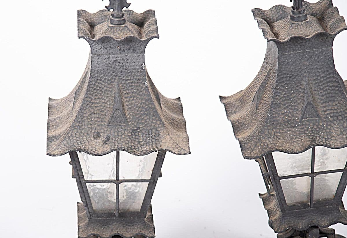 Pair of Spanish Revival Hammered Metal Lanterns - Vintage Late 20th Century - Thumbnail 3