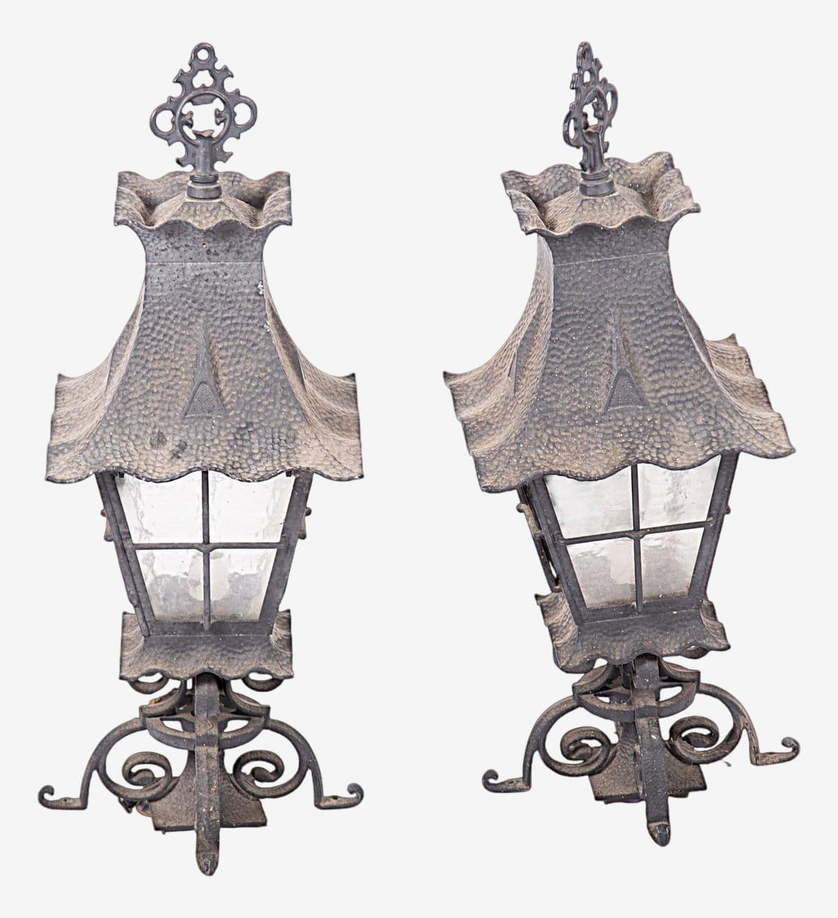 Pair of Spanish Revival Hammered Metal Lanterns - Vintage Late 20th Century - Image 1