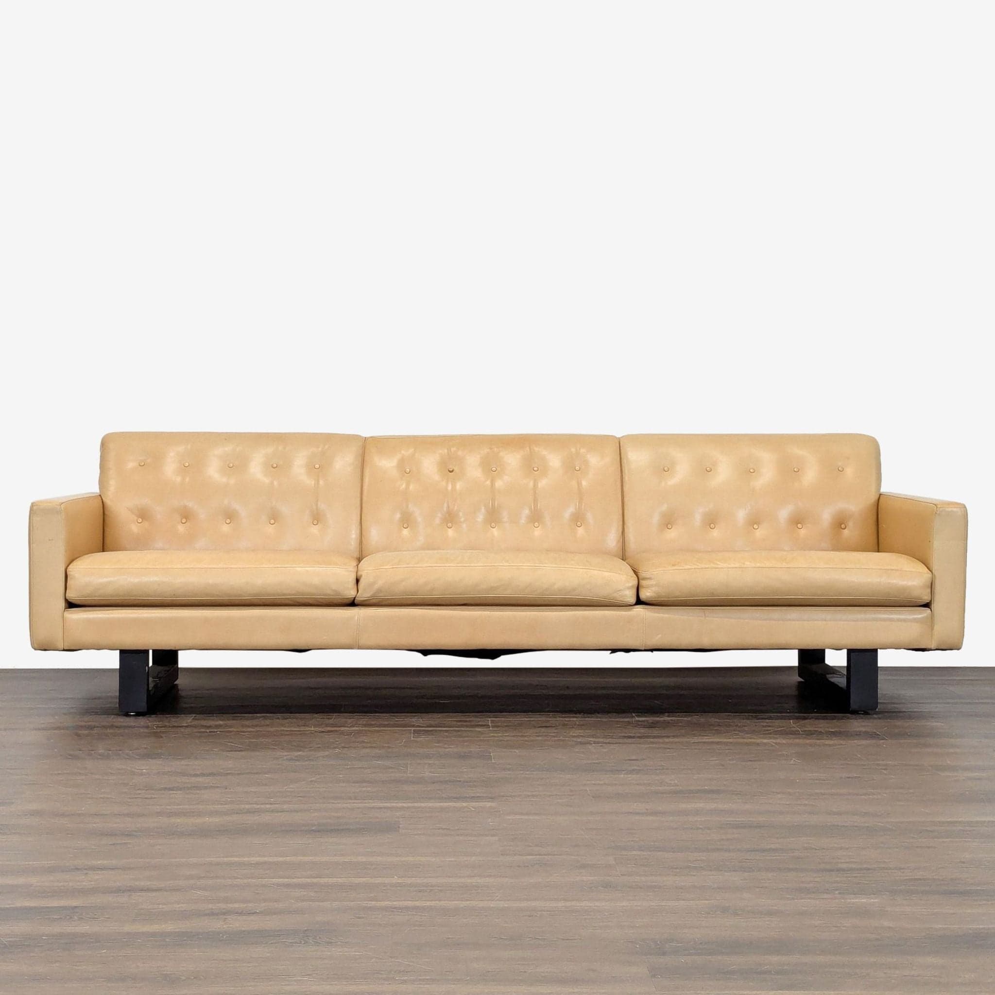 Room & Board Wells 3-Seat Tan Leather Sofa with Button Tufted Back - Image 1