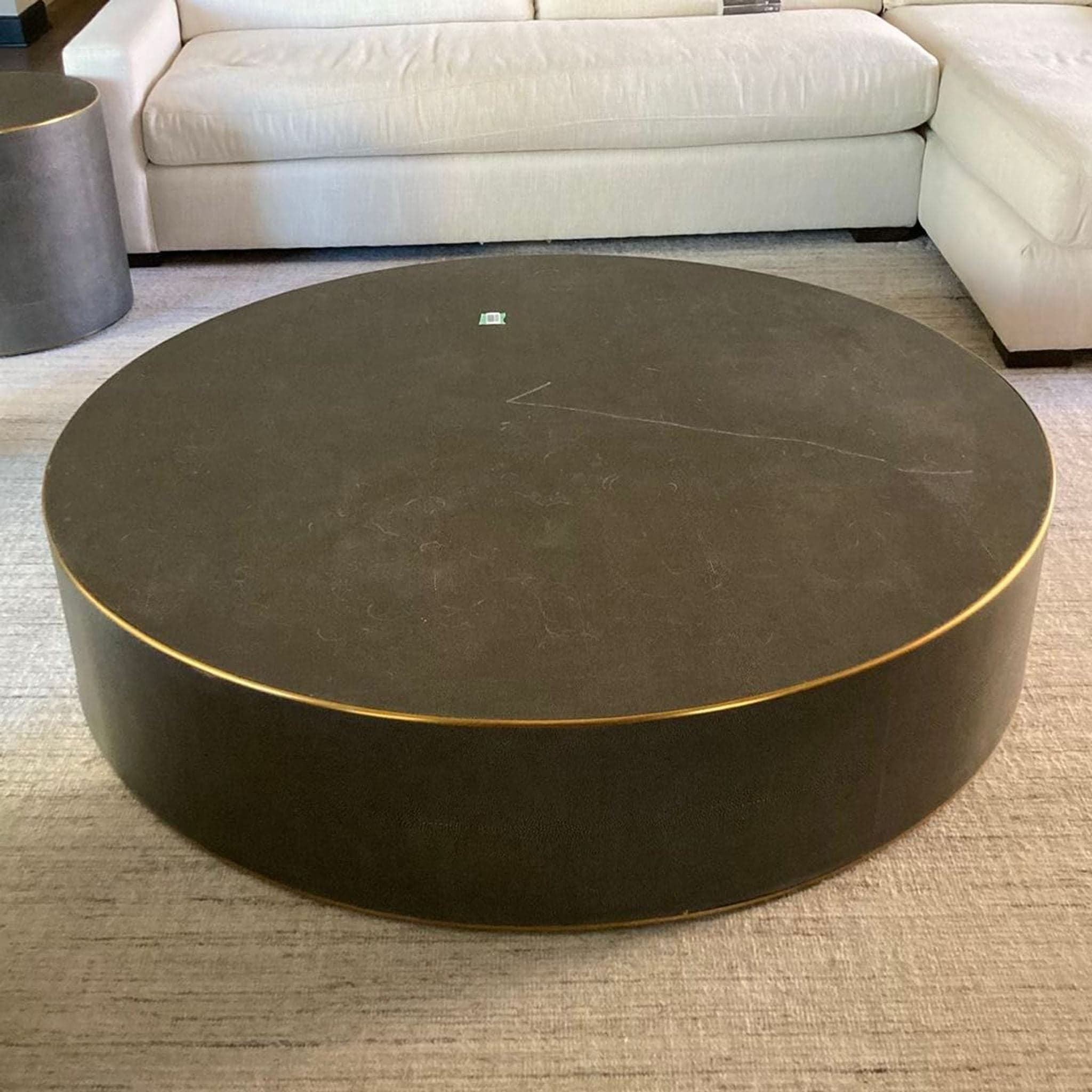Restoration Hardware Graydon Shagreen Round Black Coffee Table with Brass Trim - Image 1