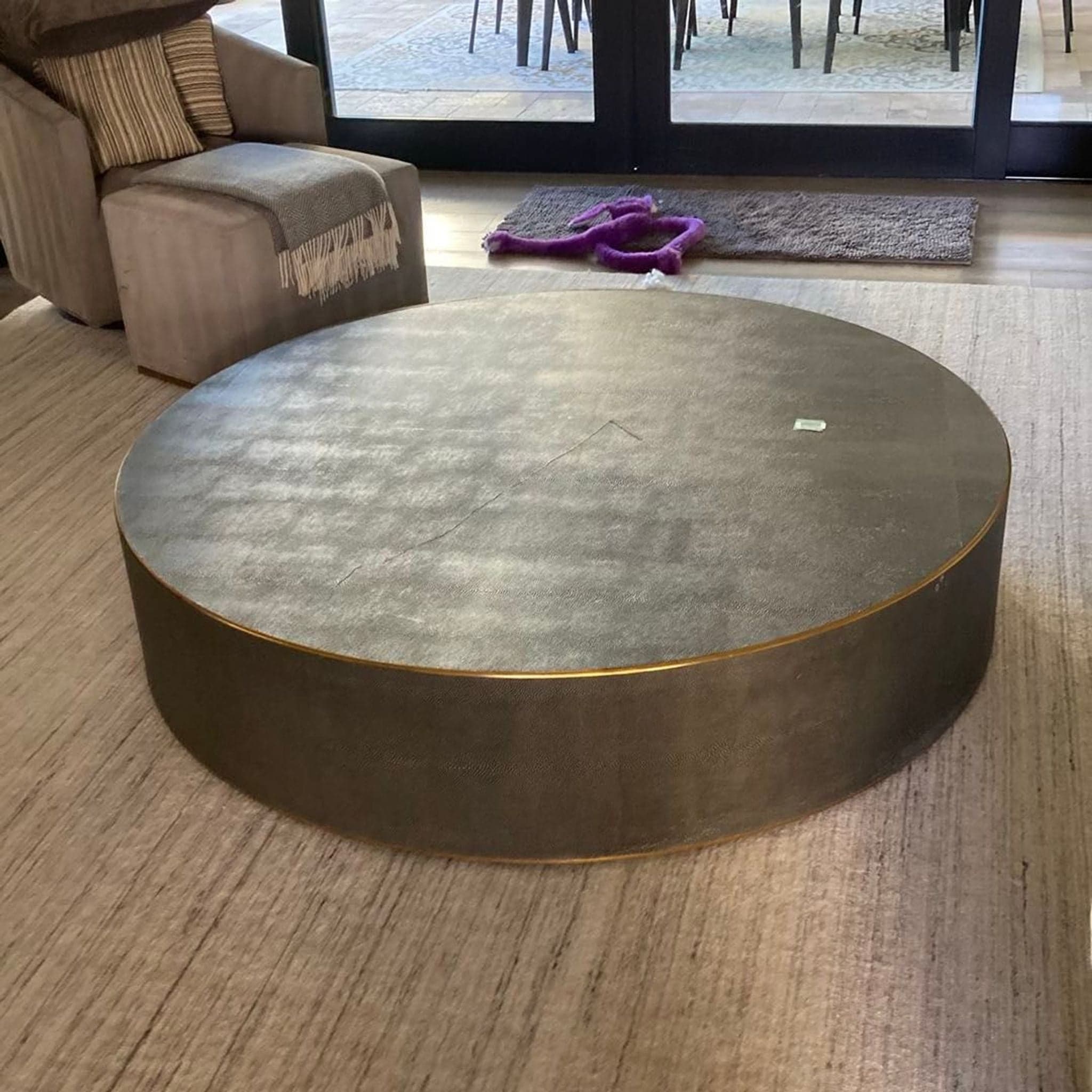 Restoration Hardware Graydon Shagreen Round Black Coffee Table with Brass Trim - Thumbnail 2