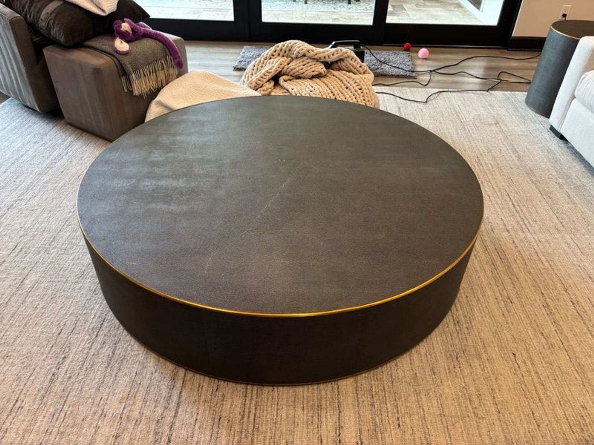Restoration Hardware Graydon Shagreen Round Black Coffee Table with Brass Trim - Thumbnail 3