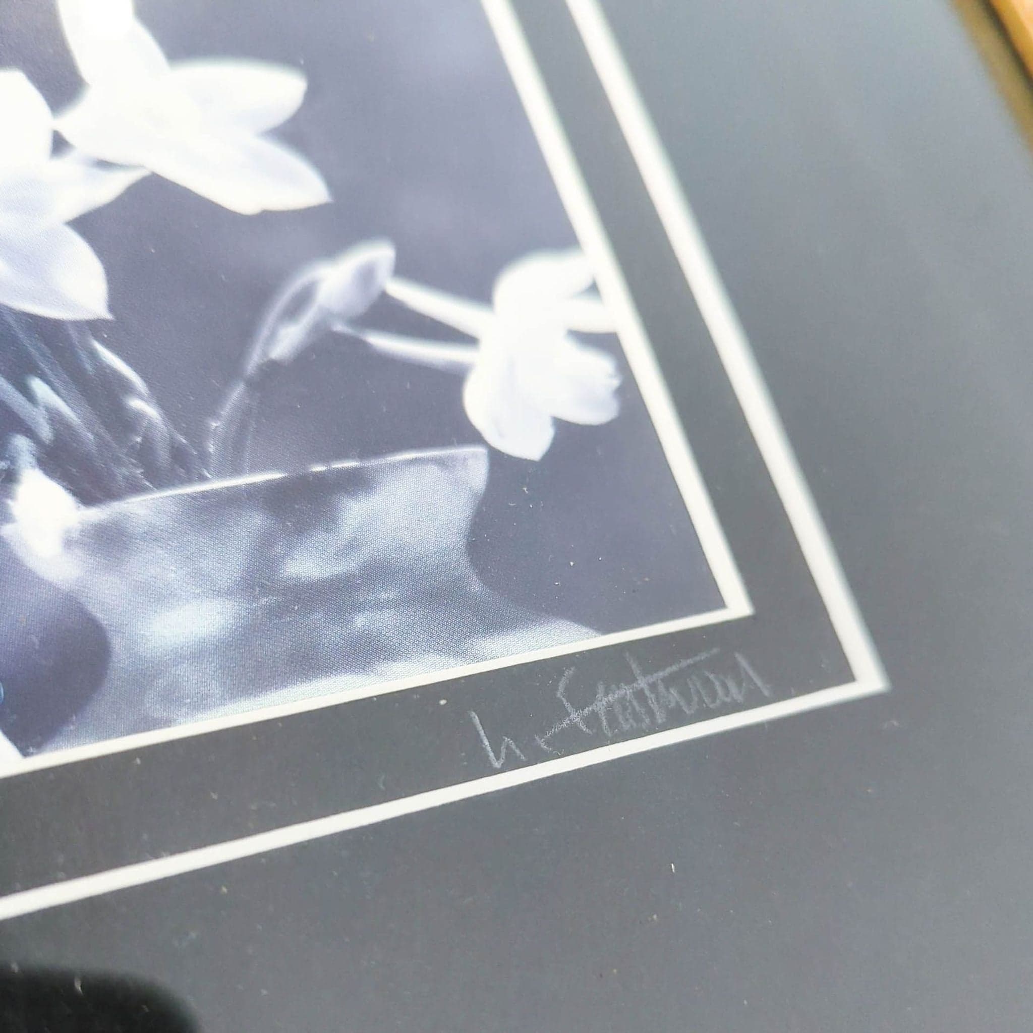 Framed Black and White Flower Print with Ornate Gold Frame, Signed - Thumbnail 2