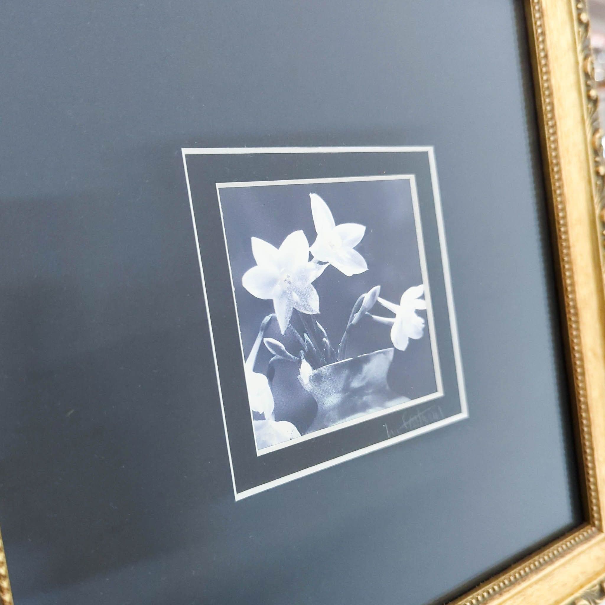 Framed Black and White Flower Print with Ornate Gold Frame, Signed - Thumbnail 4