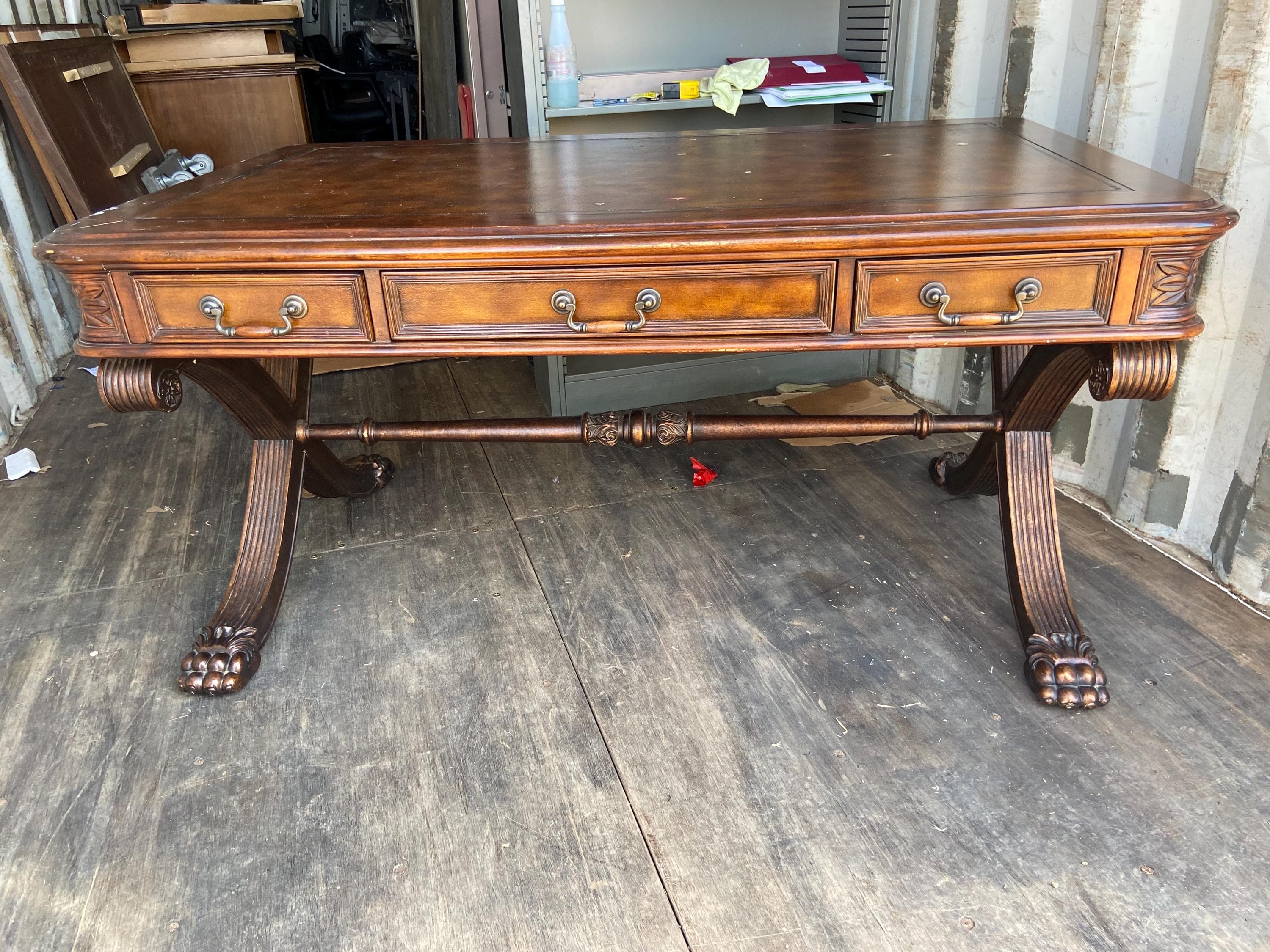 antique partners desk leather top lions paw needs restoration - Thumbnail 4