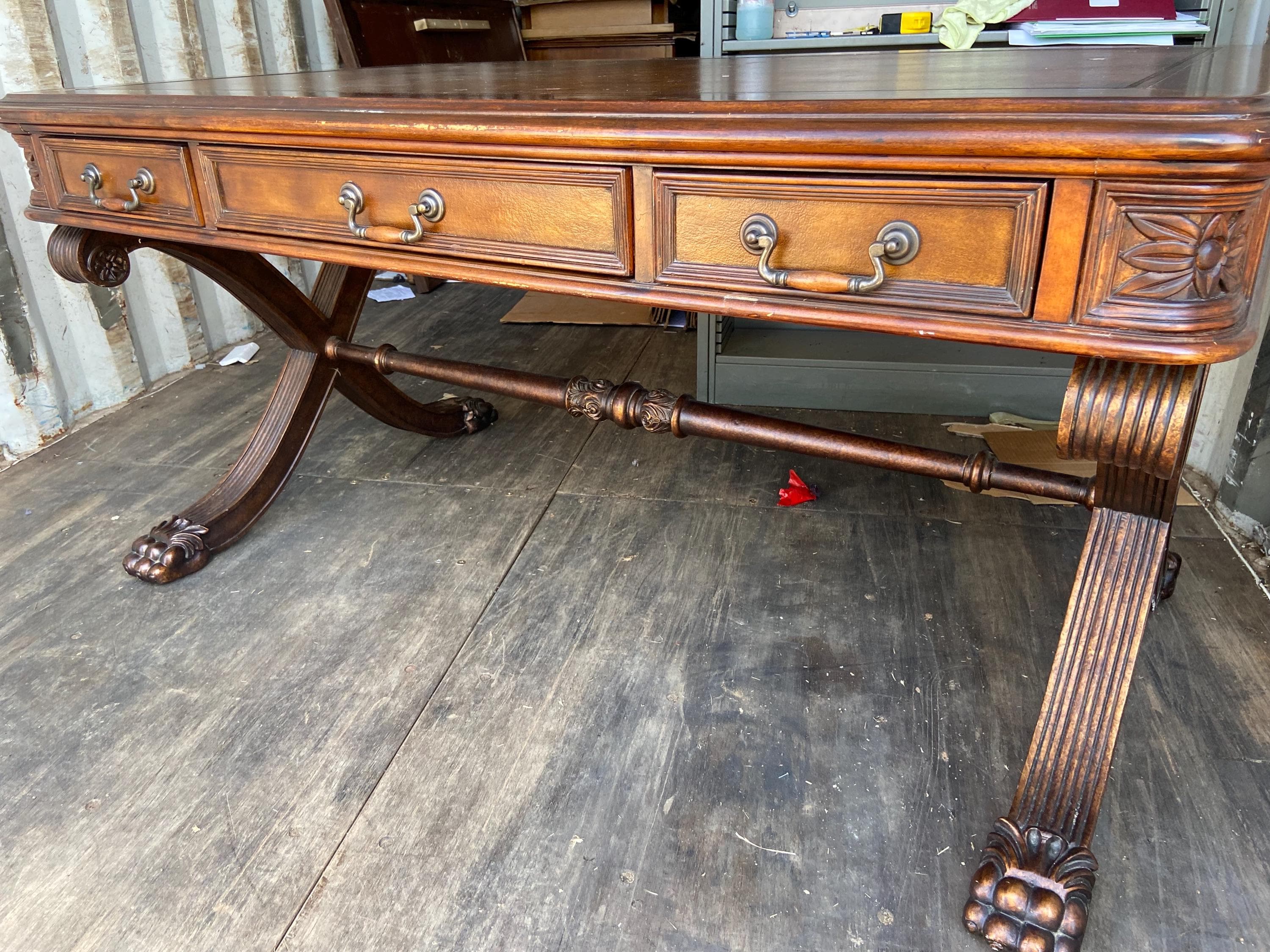 antique partners desk leather top lions paw needs restoration - Image 1