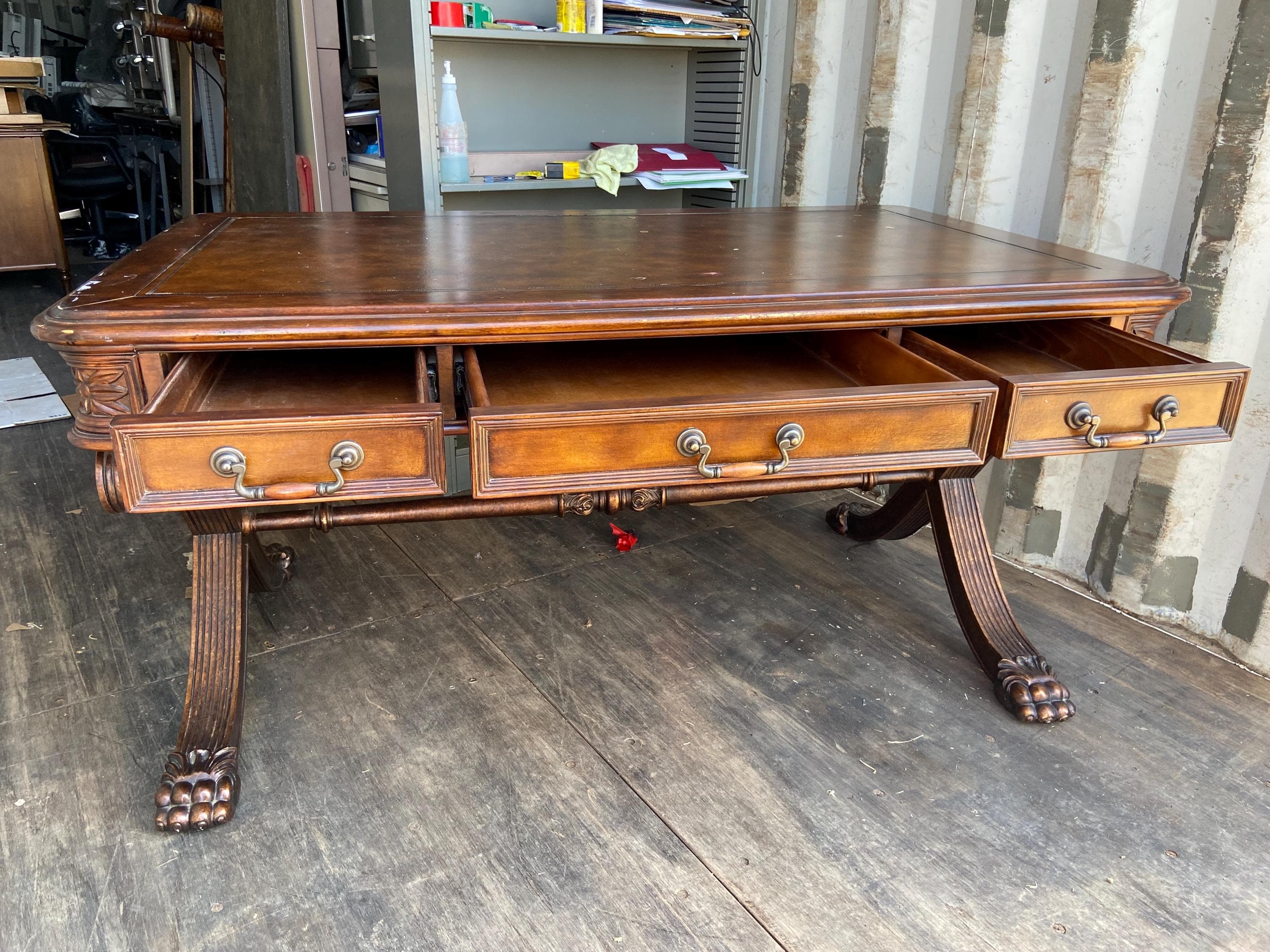 antique partners desk leather top lions paw needs restoration - Thumbnail 6