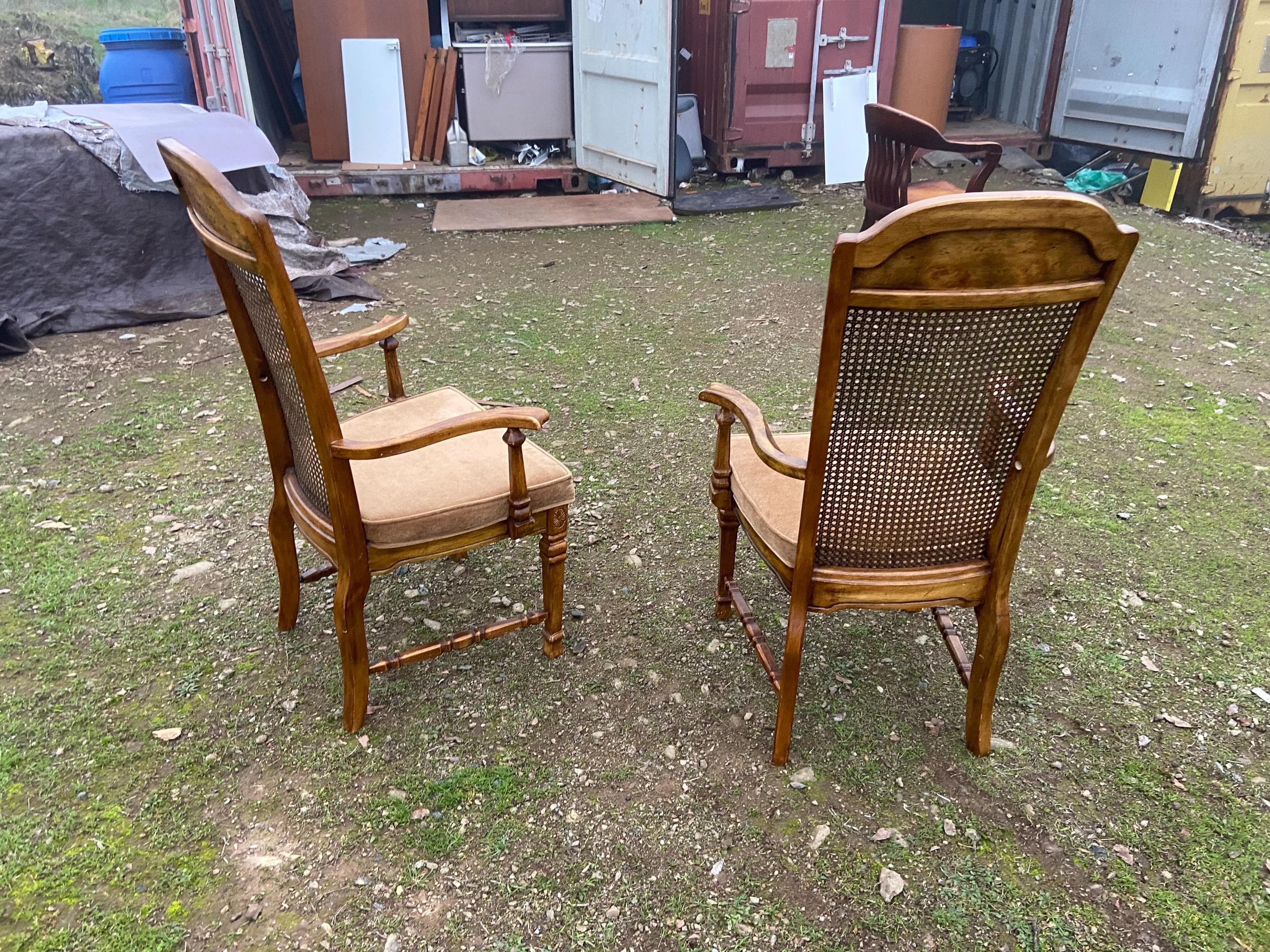 Vintage Walnut/Cane Back Dining Armchairs Set of Two Need New Fabric - Thumbnail 2