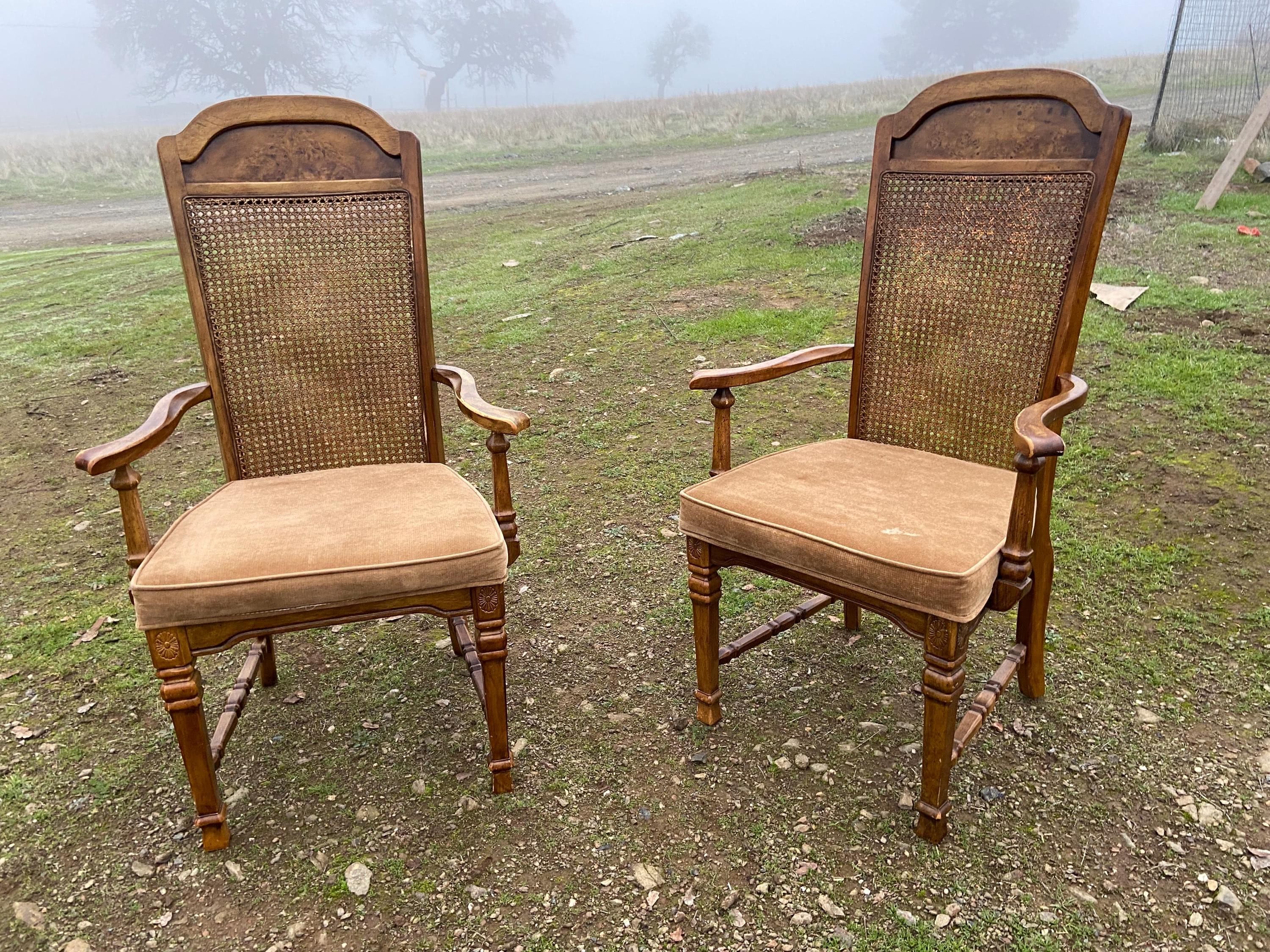 Vintage Walnut/Cane Back Dining Armchairs Set of Two Need New Fabric - Thumbnail 7