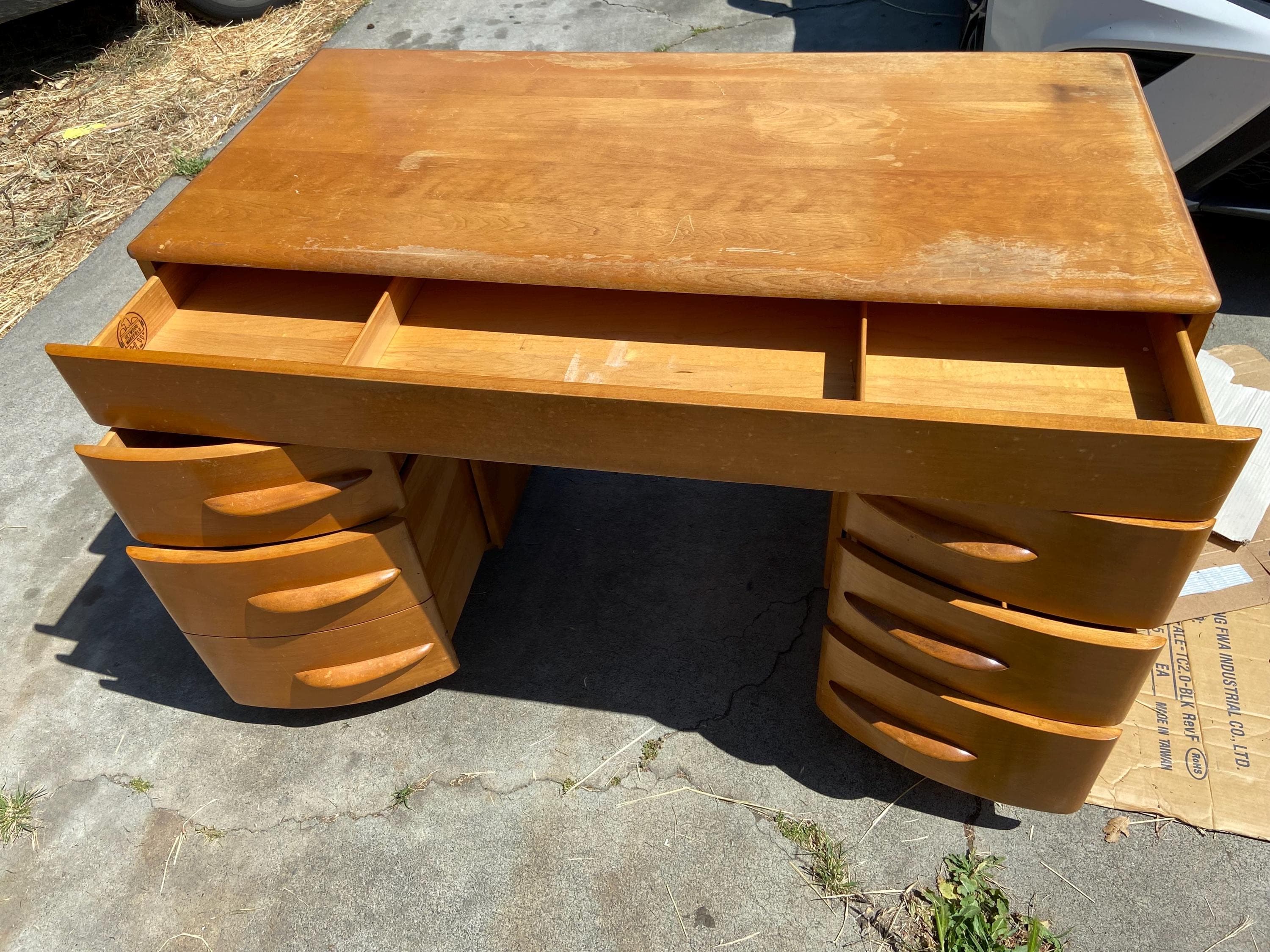 Heywood Wakefield vintage mid century modern maple desk needs restoration - Thumbnail 6