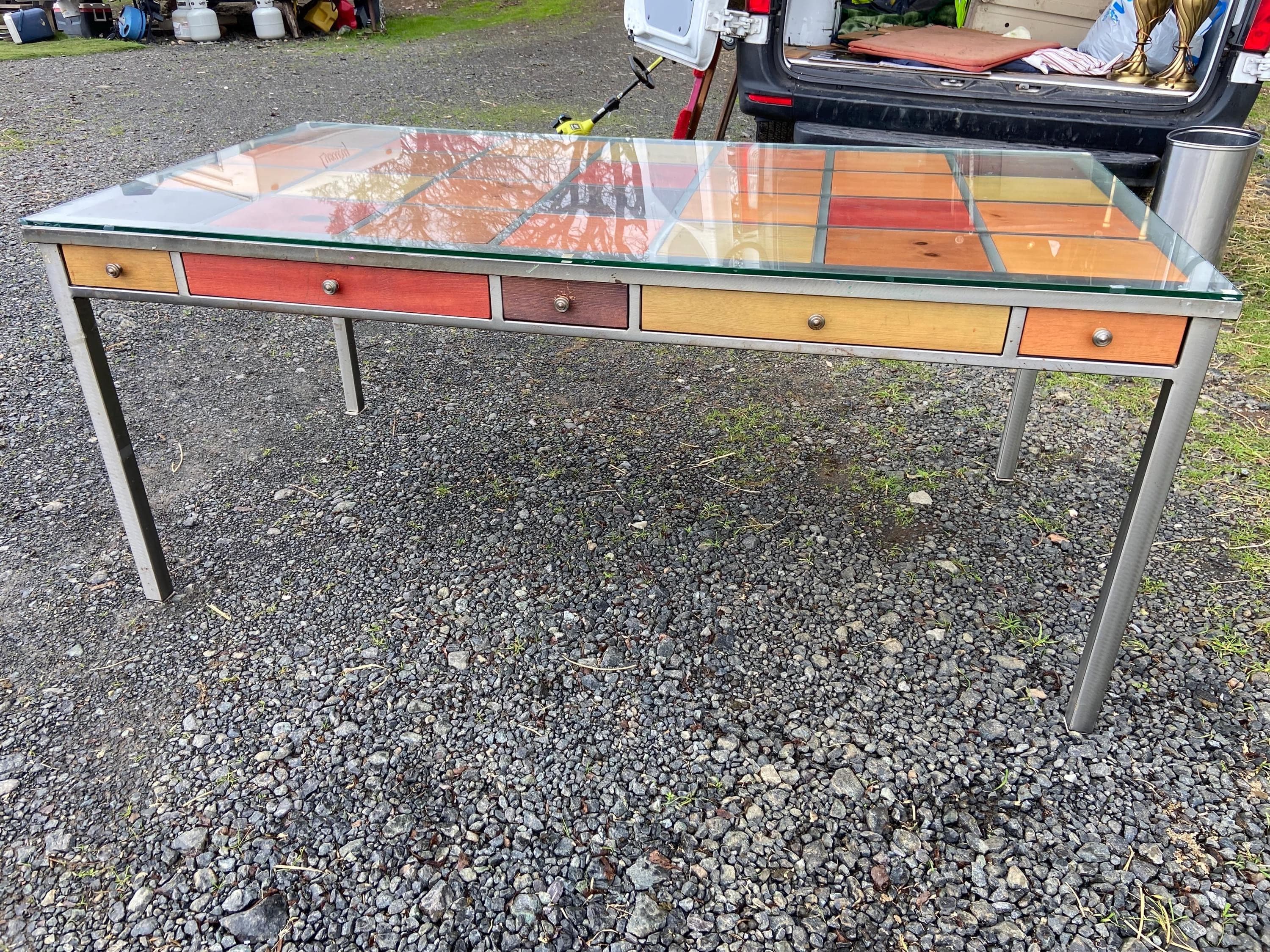 Venezia Furniture Modern Brushed Steel Table Partners Desk With Wooden Square tiles and glass top - Image 1