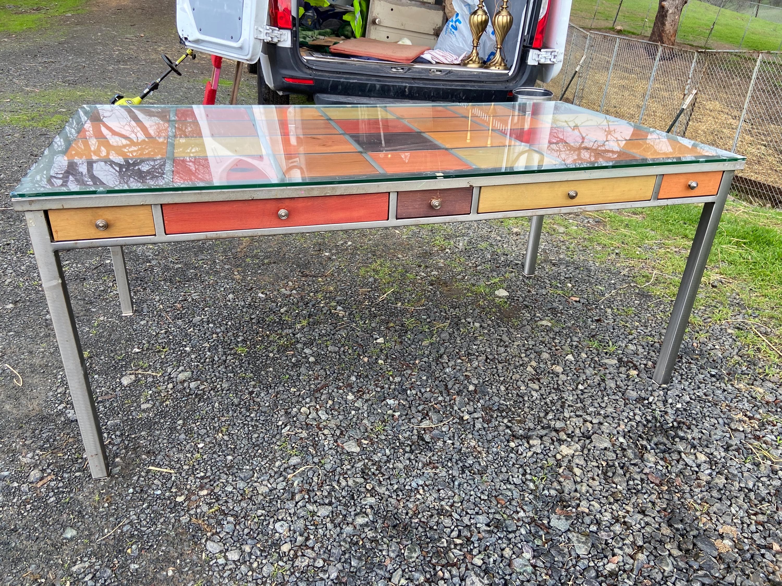 Venezia Furniture Modern Brushed Steel Table Partners Desk With Wooden Square tiles and glass top - Thumbnail 2