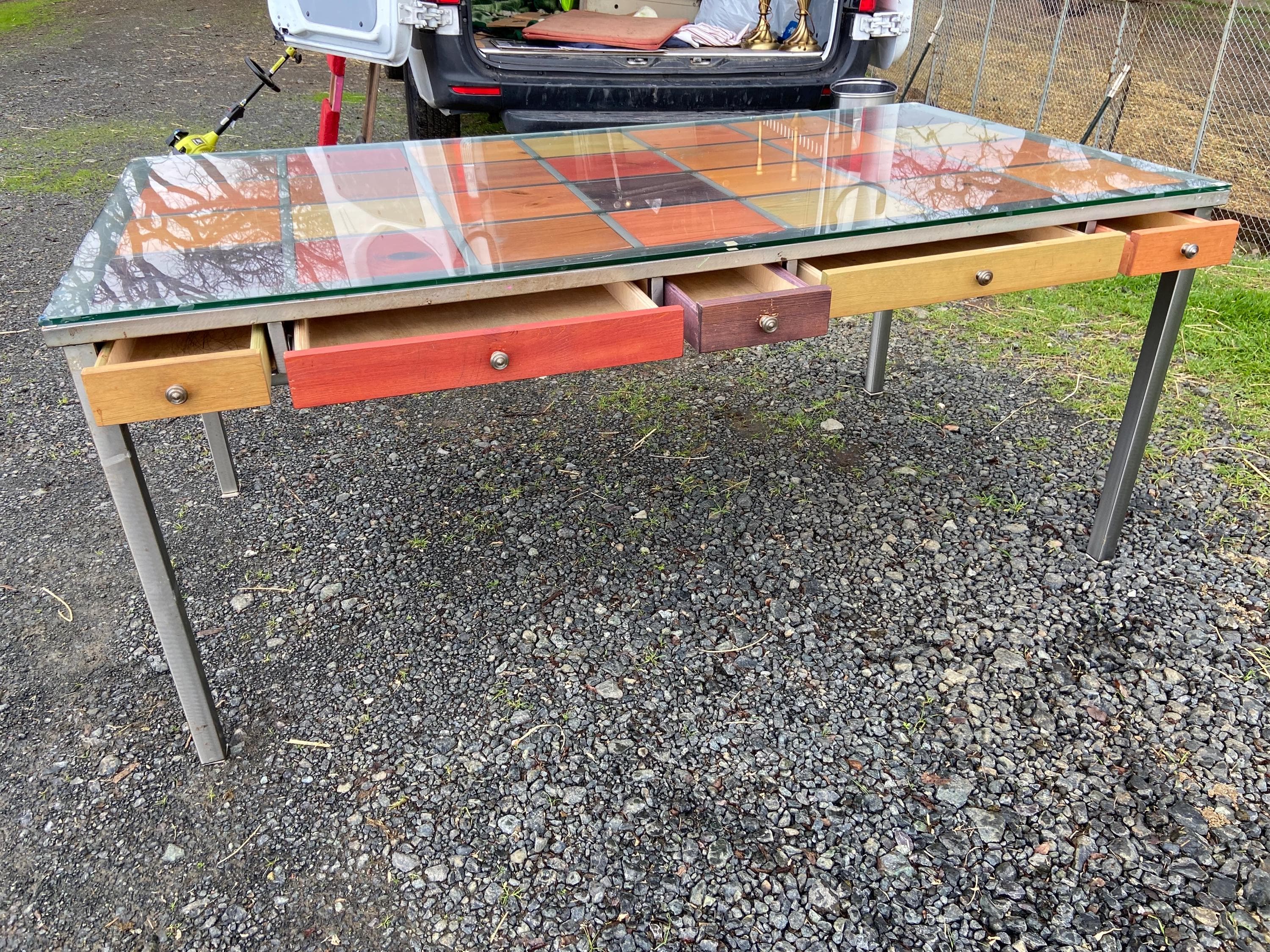 Venezia Furniture Modern Brushed Steel Table Partners Desk With Wooden Square tiles and glass top - Thumbnail 3