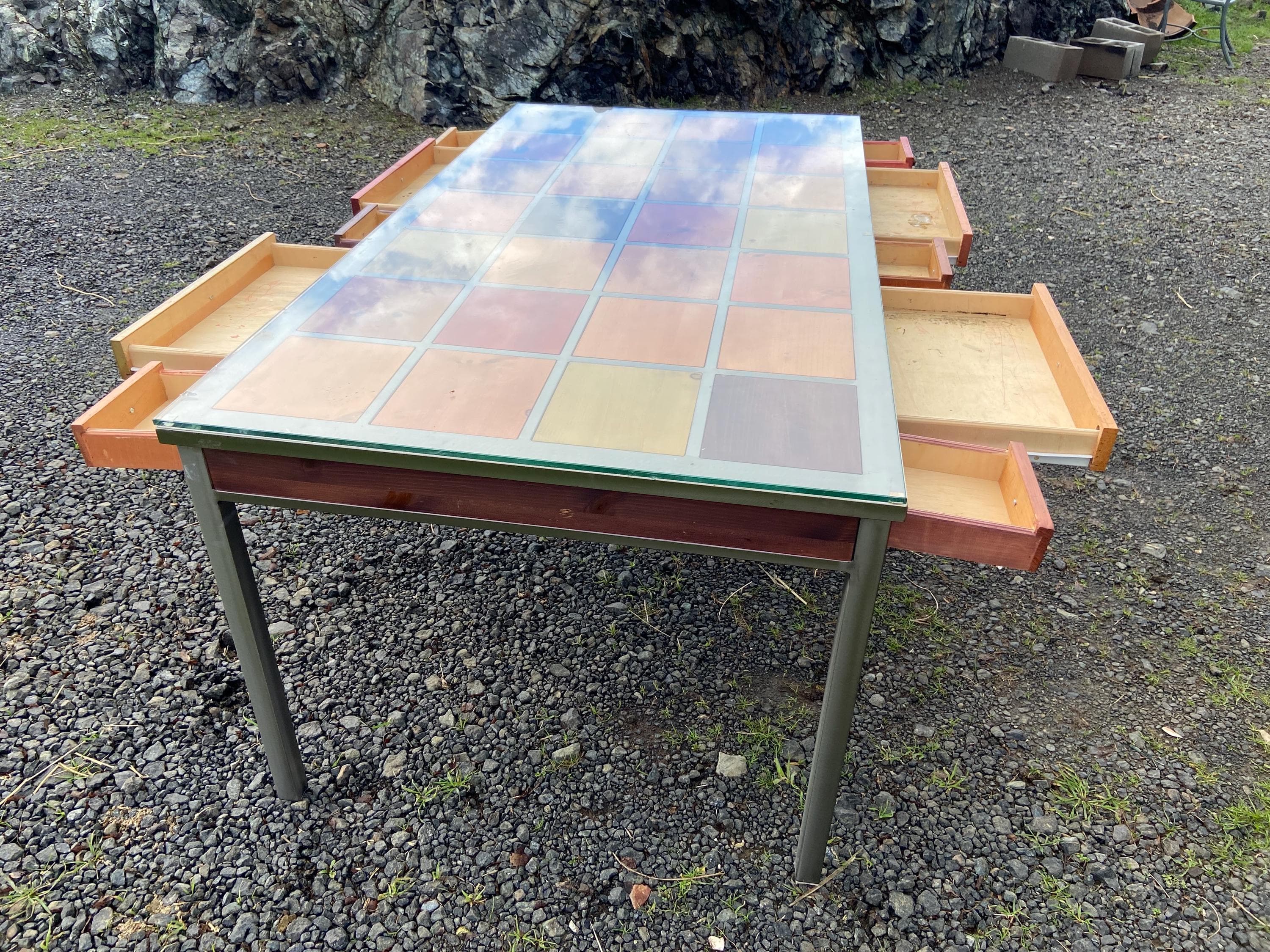 Venezia Furniture Modern Brushed Steel Table Partners Desk With Wooden Square tiles and glass top - Thumbnail 7