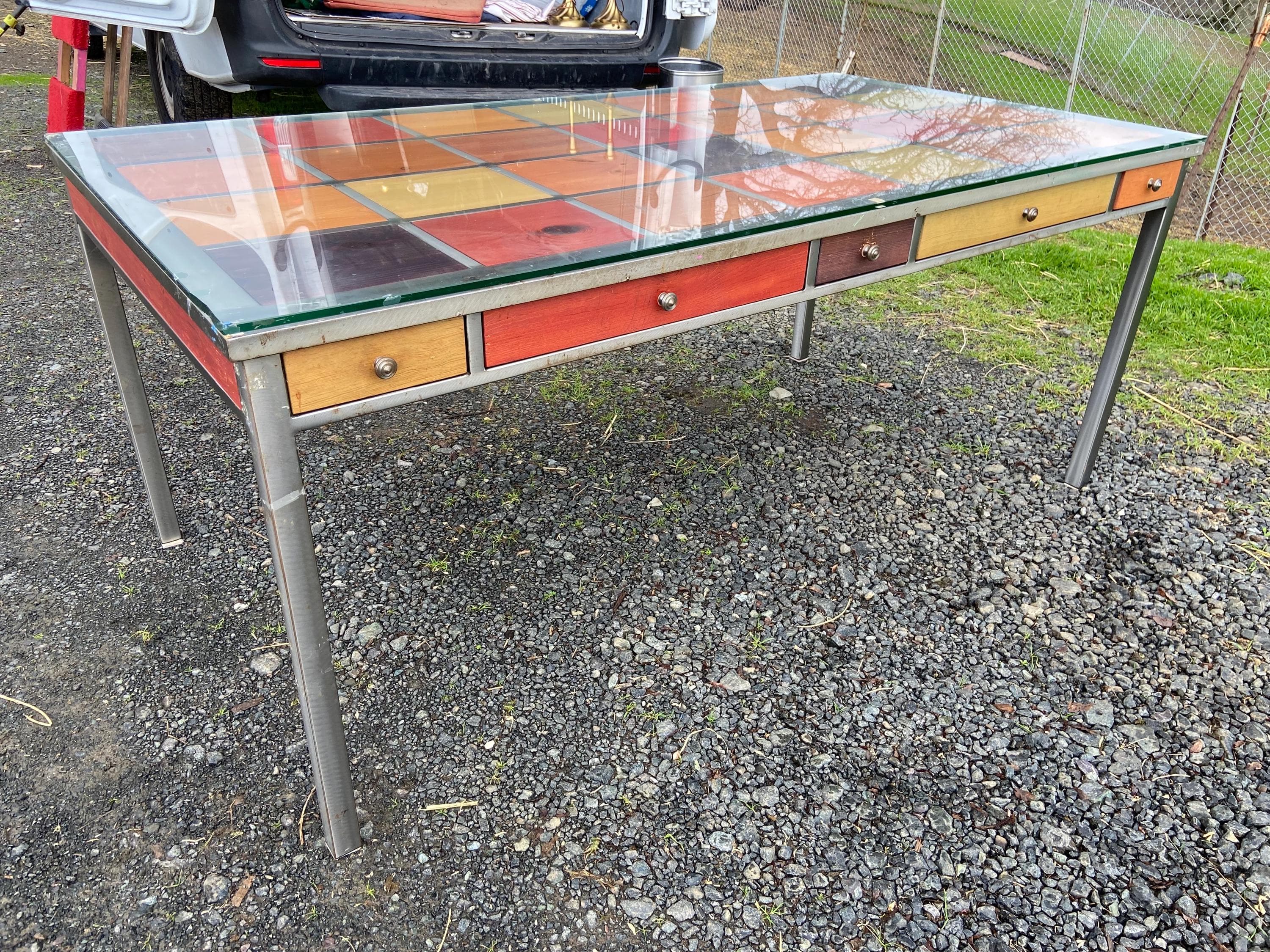 Venezia Furniture Modern Brushed Steel Table Partners Desk With Wooden Square tiles and glass top - Thumbnail 9