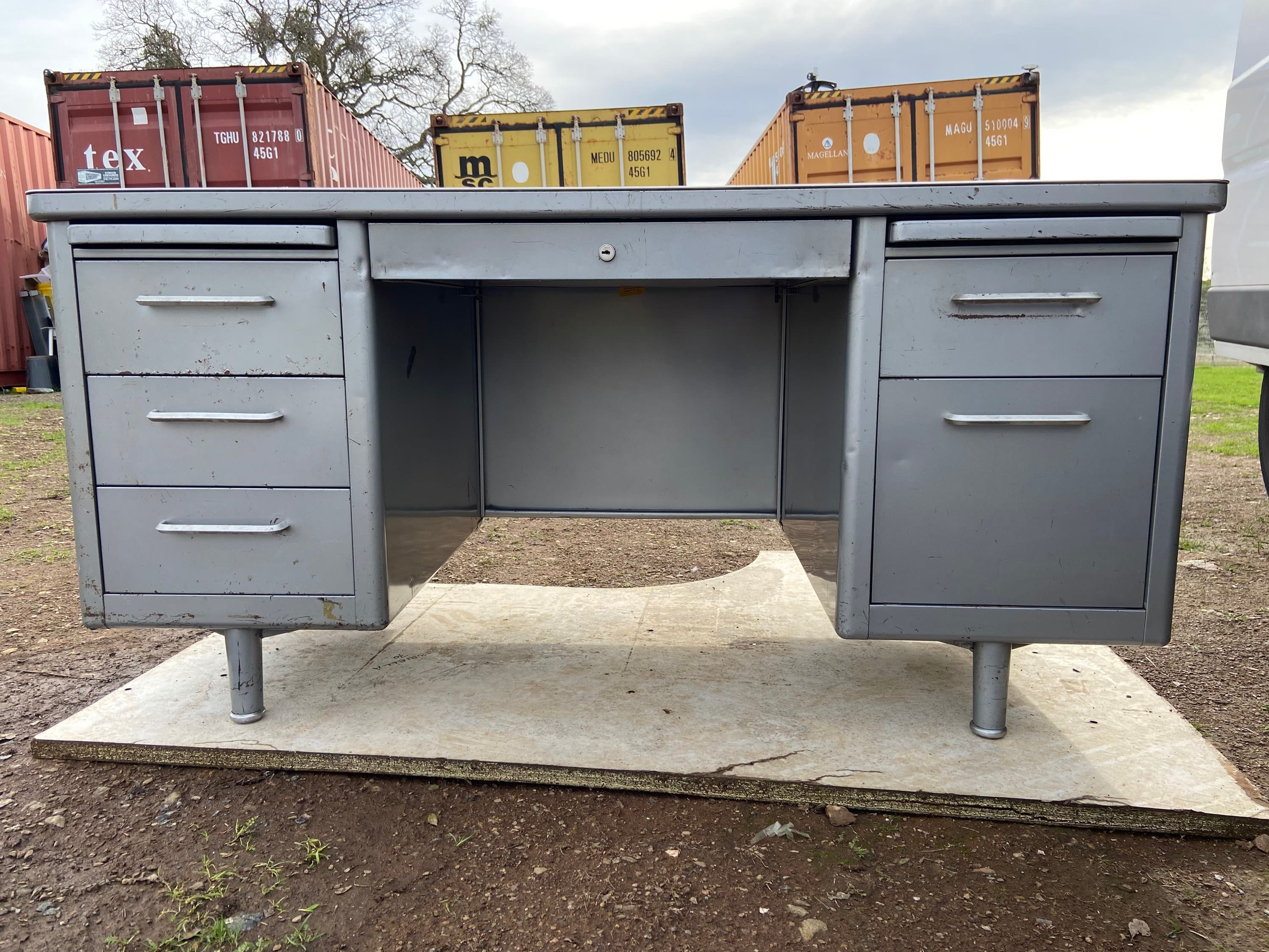 Steelcase vintage mid century modern metal tanker desk with patina - Image 1