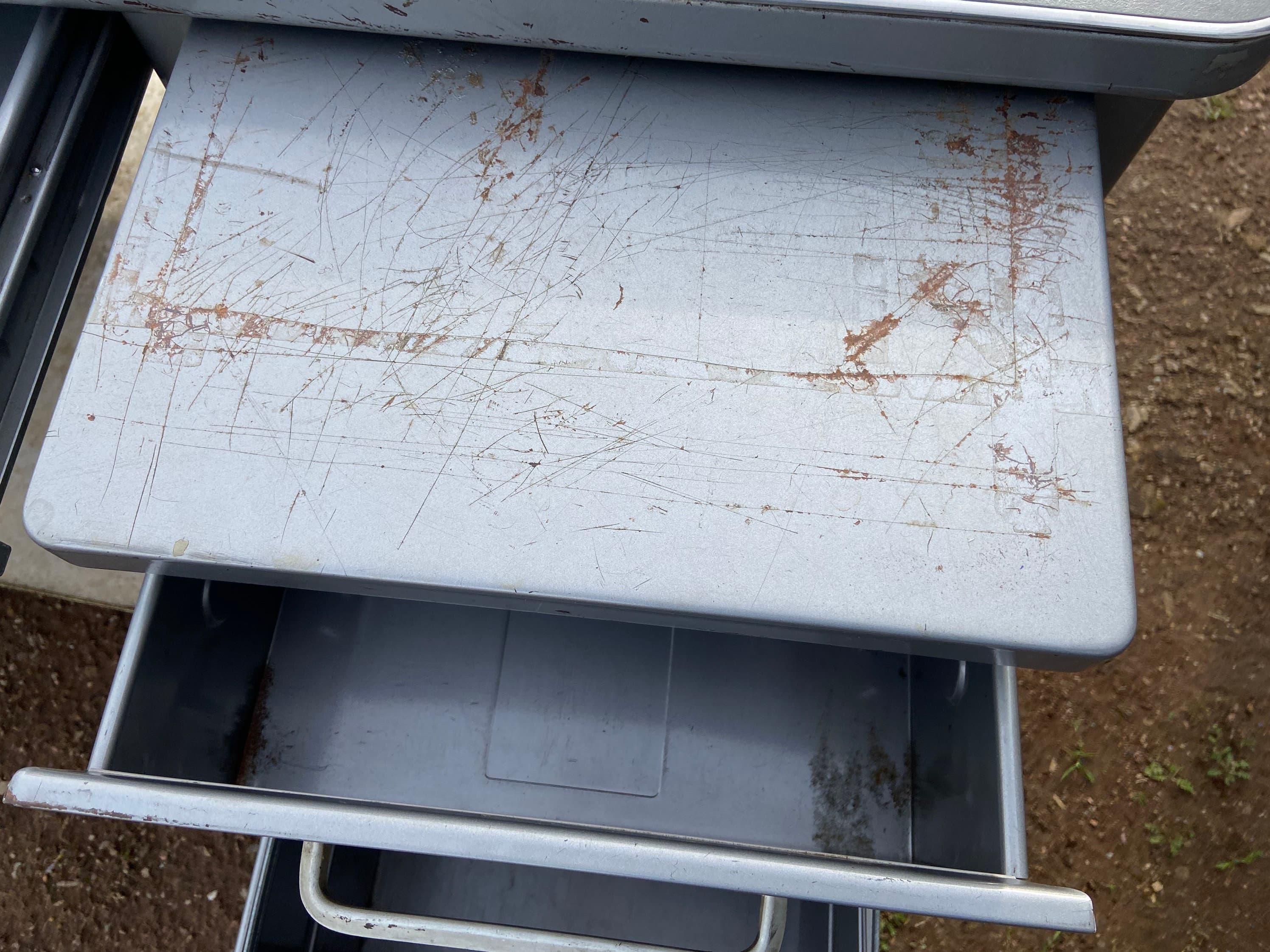 Steelcase vintage mid century modern metal tanker desk with patina - Thumbnail 9