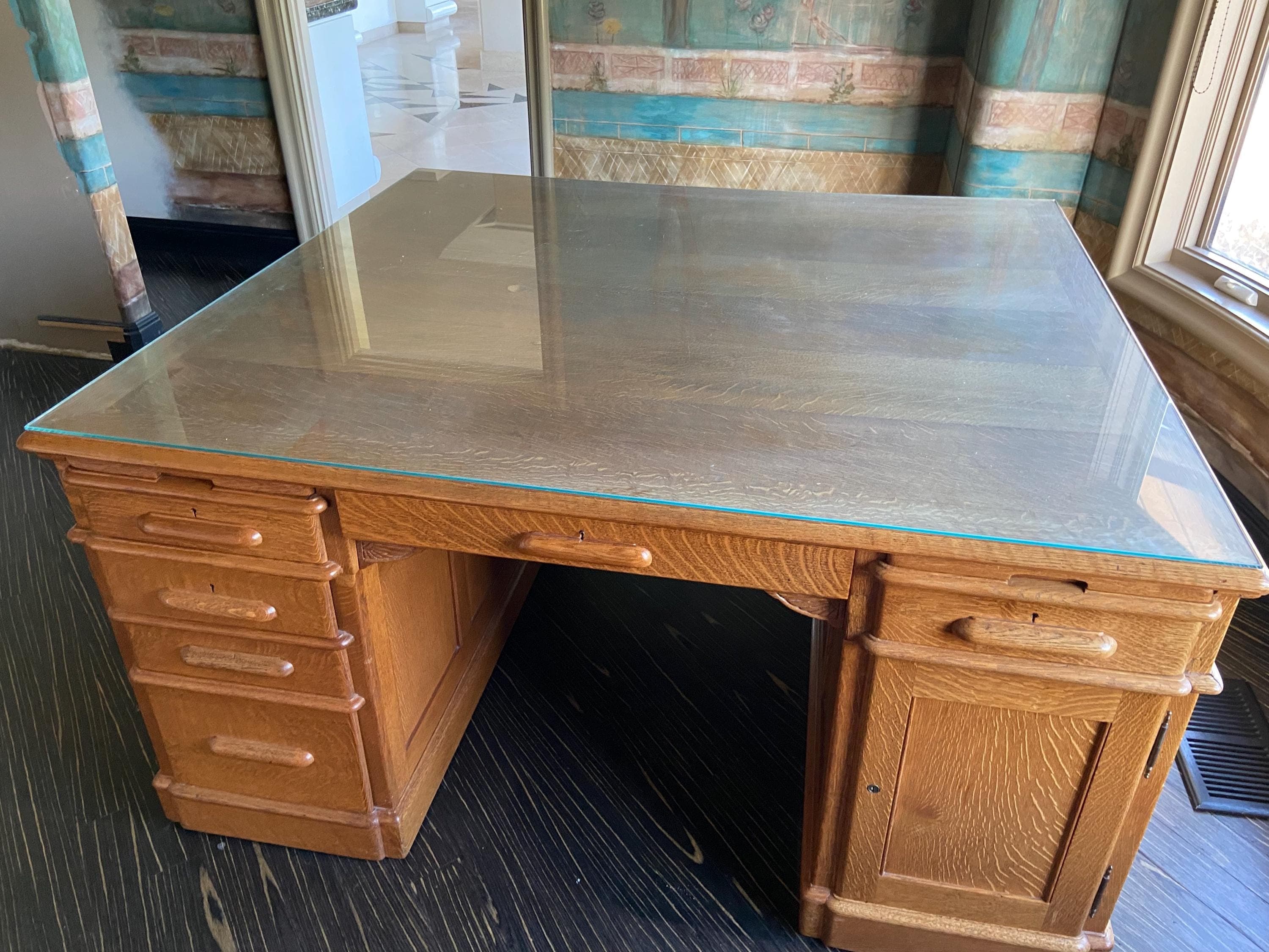 antique oak partners double sided executive desk with glass top cover - Thumbnail 2