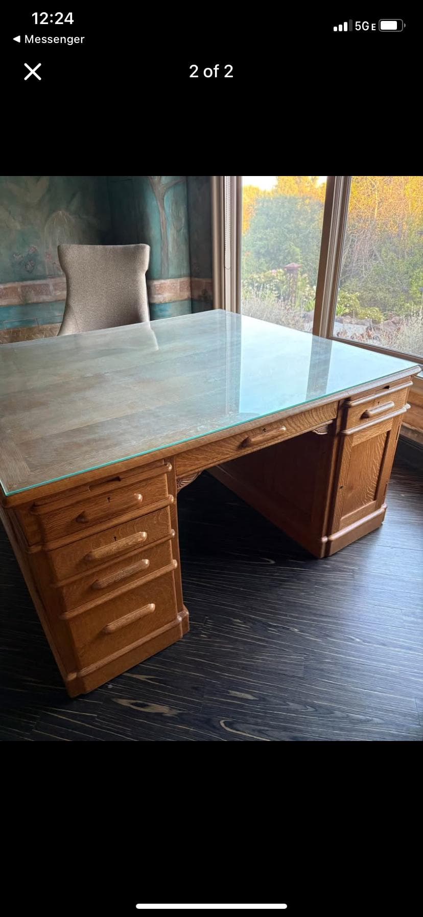 antique oak partners double sided executive desk with glass top cover - Thumbnail 4