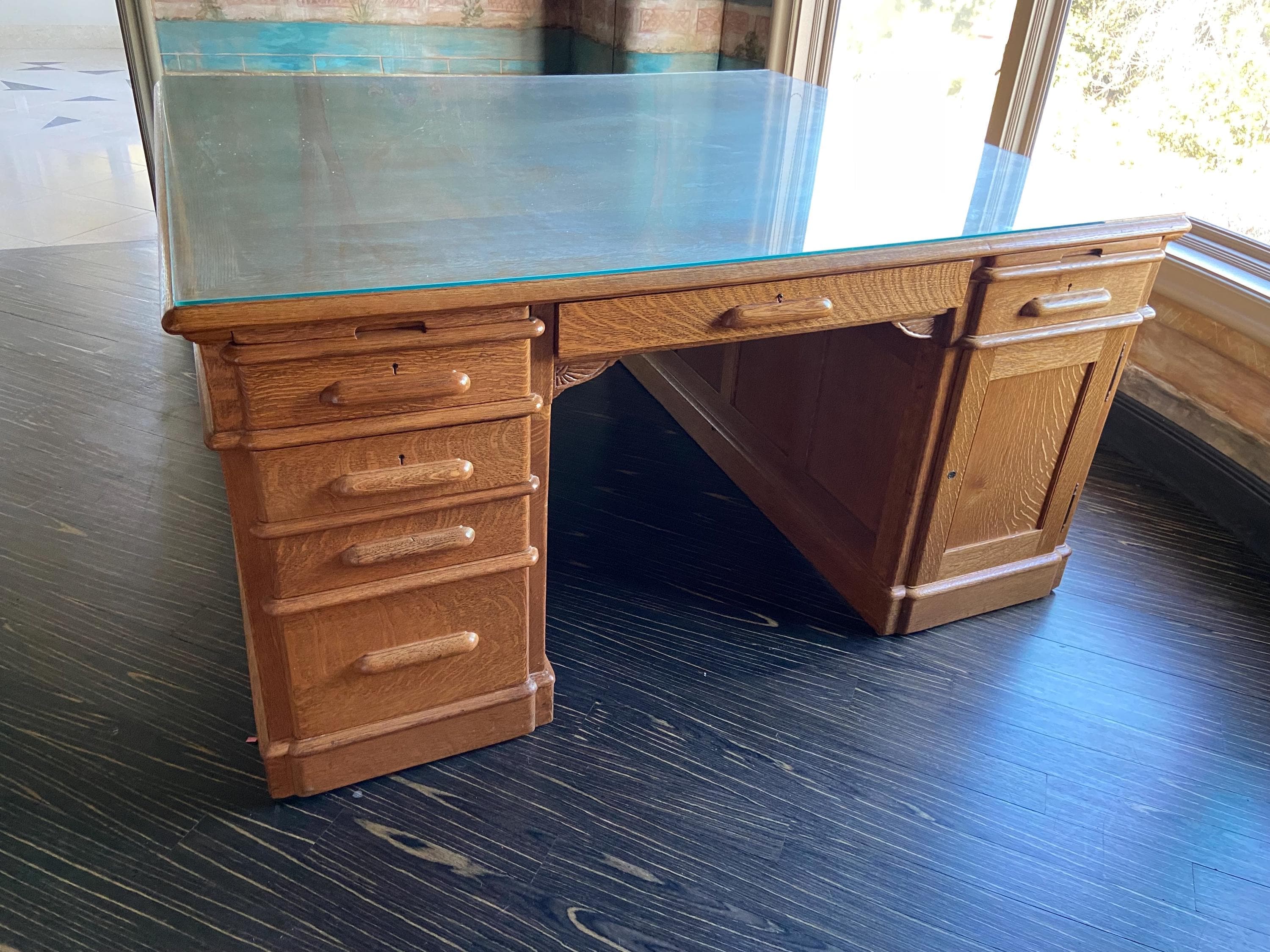 antique oak partners double sided executive desk with glass top cover - Thumbnail 3