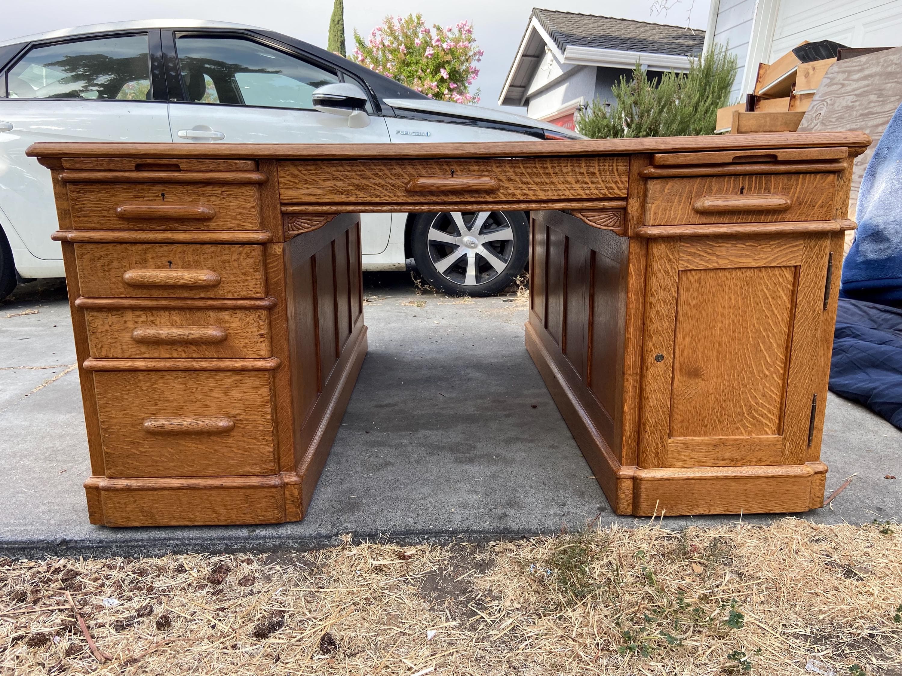 antique oak partners double sided executive desk with glass top cover - Thumbnail 6