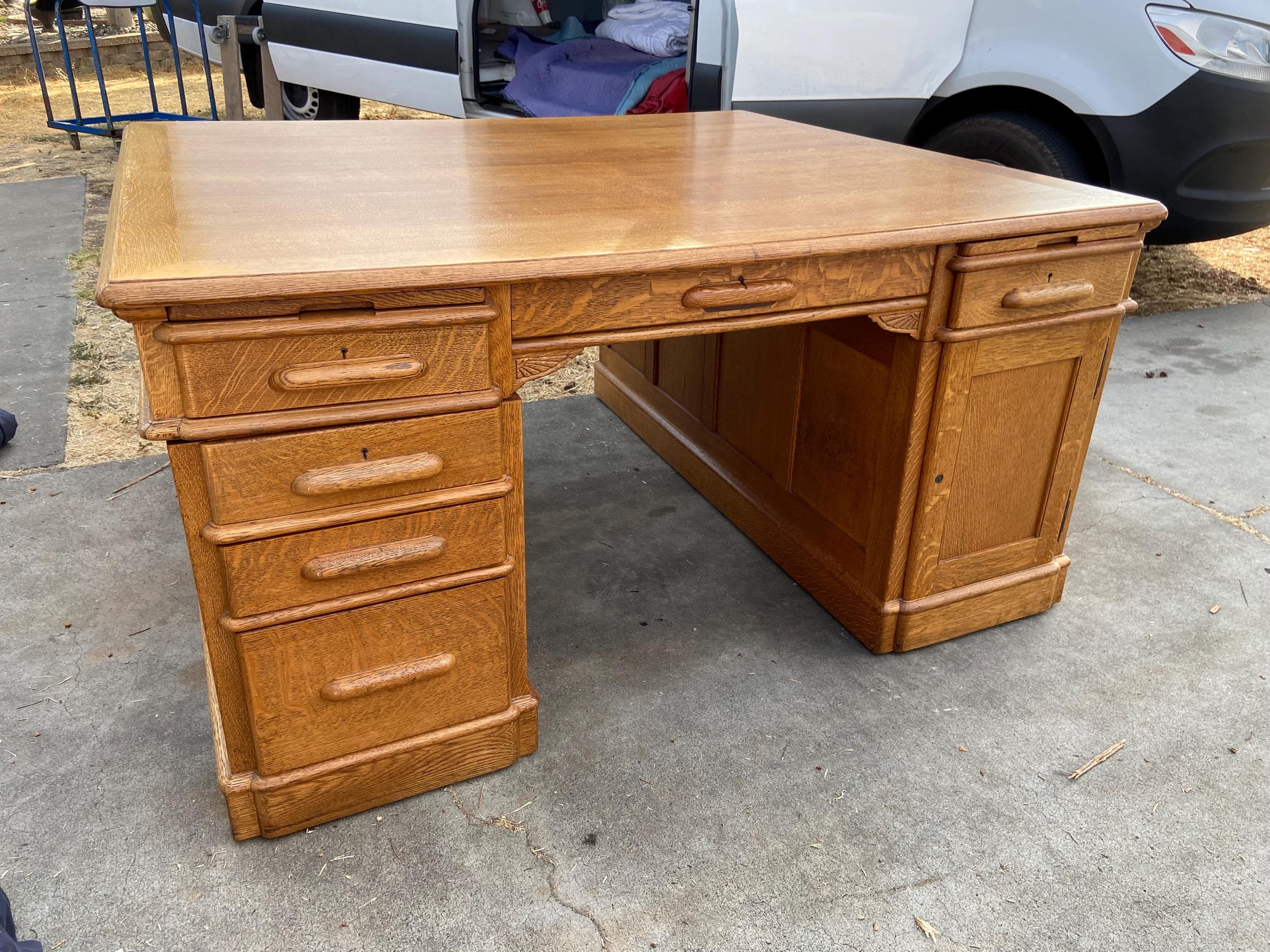 antique oak partners double sided executive desk with glass top cover - Thumbnail 10