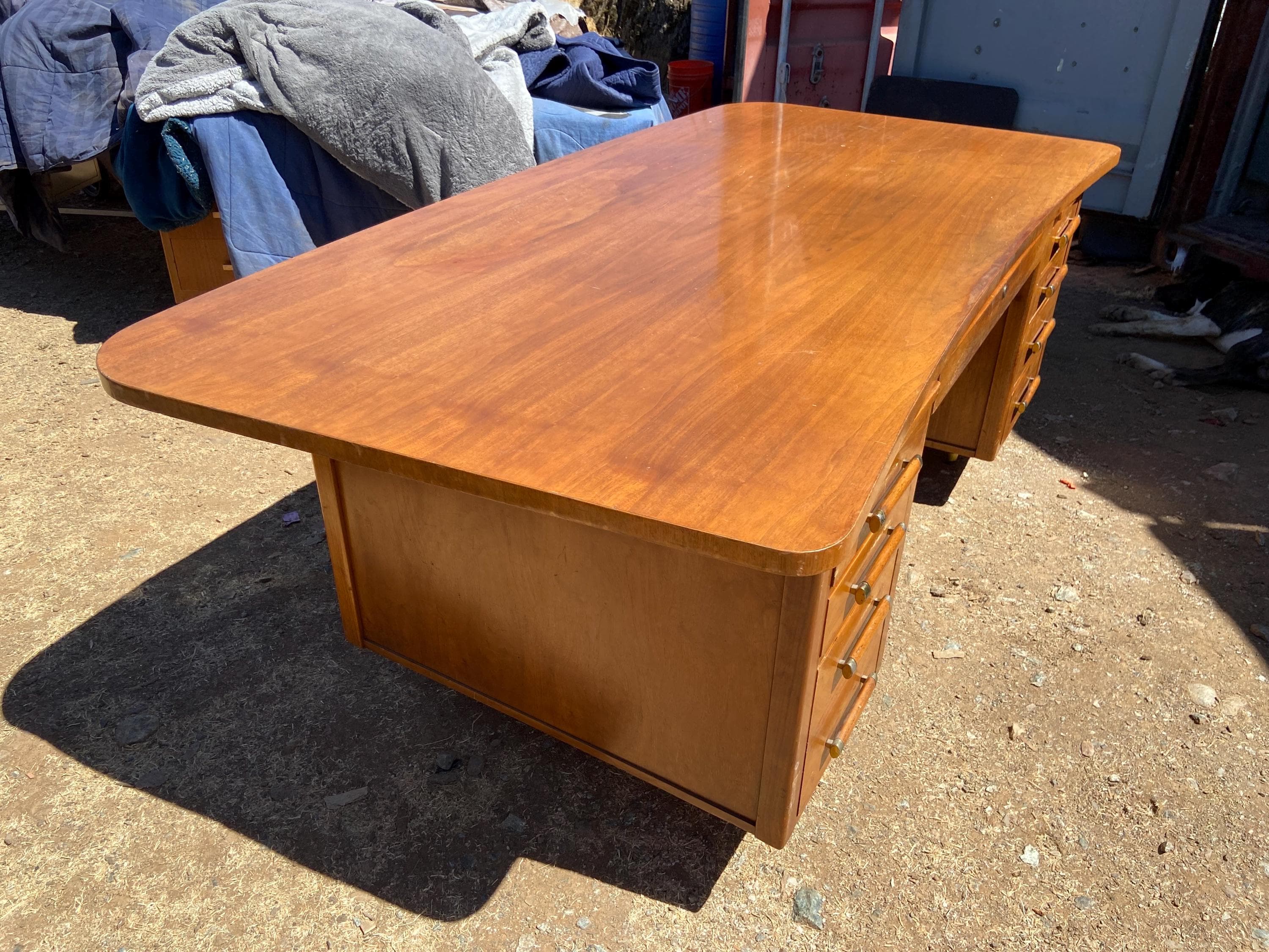 Alma company vintage mid century modern walnut fan tanker desk - Thumbnail 3